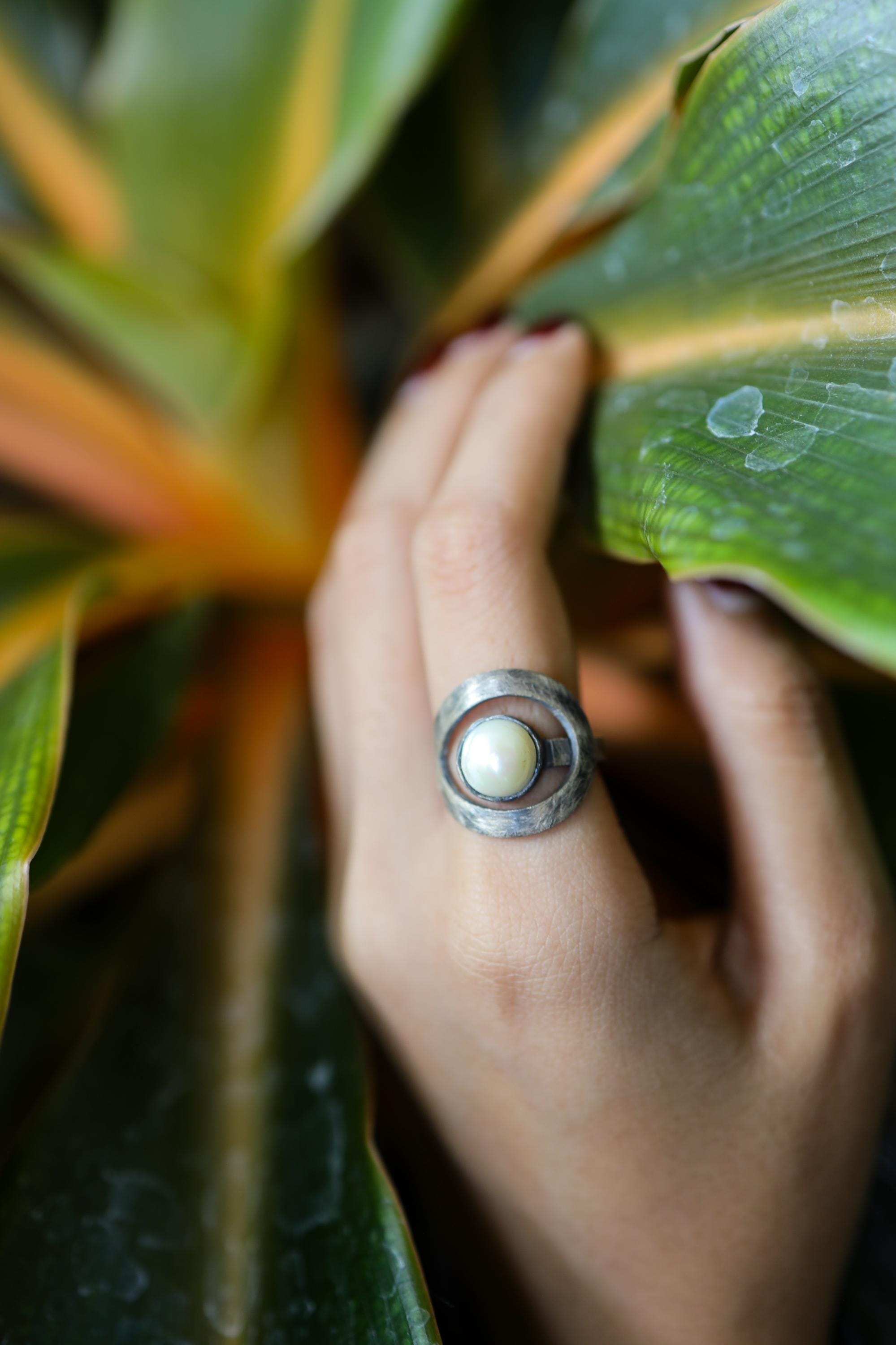 Pearl Loop Ring 925 Sterling Silver Adjustable Textured Band June Birthstone Heart Crown Chakra Gift