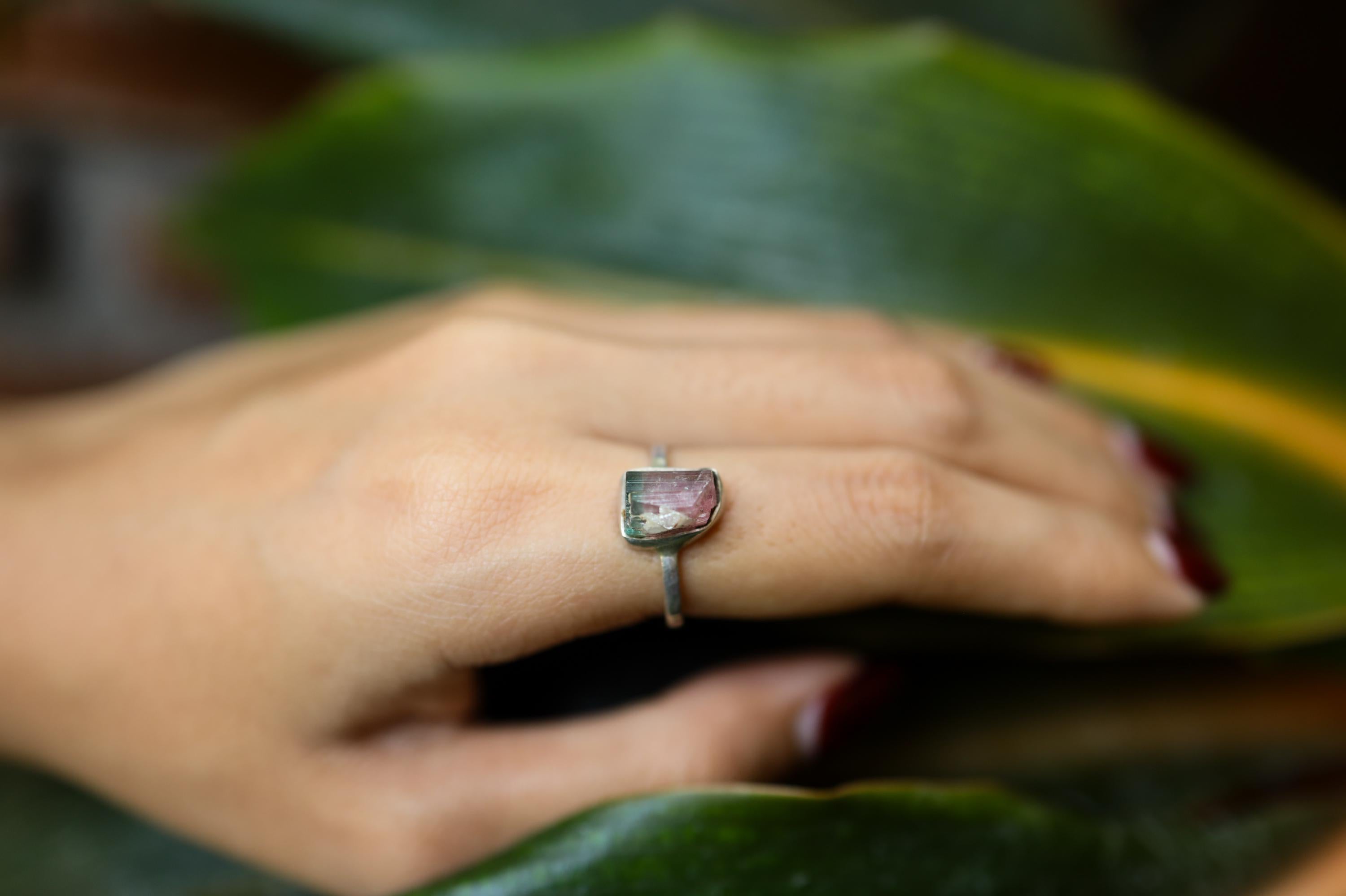 Gemmy Watermelon Tourmaline - Stack Crystal Ring - Size 6 1/2 US - 925 Sterling Silver - Thin Band Hammer Textured