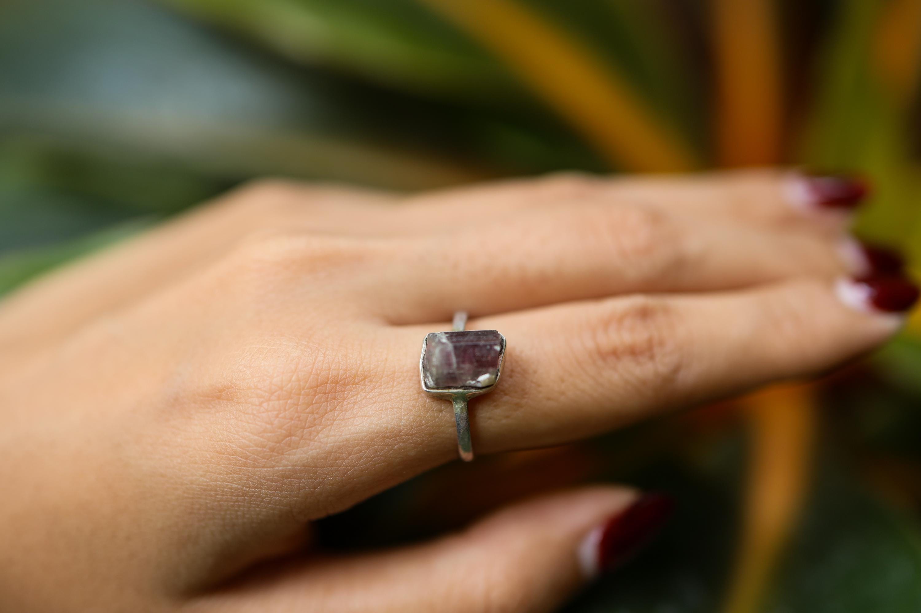 Pink Tourmaline Crystal Ring: Hammered Sterling Silver, Size 6 3/4