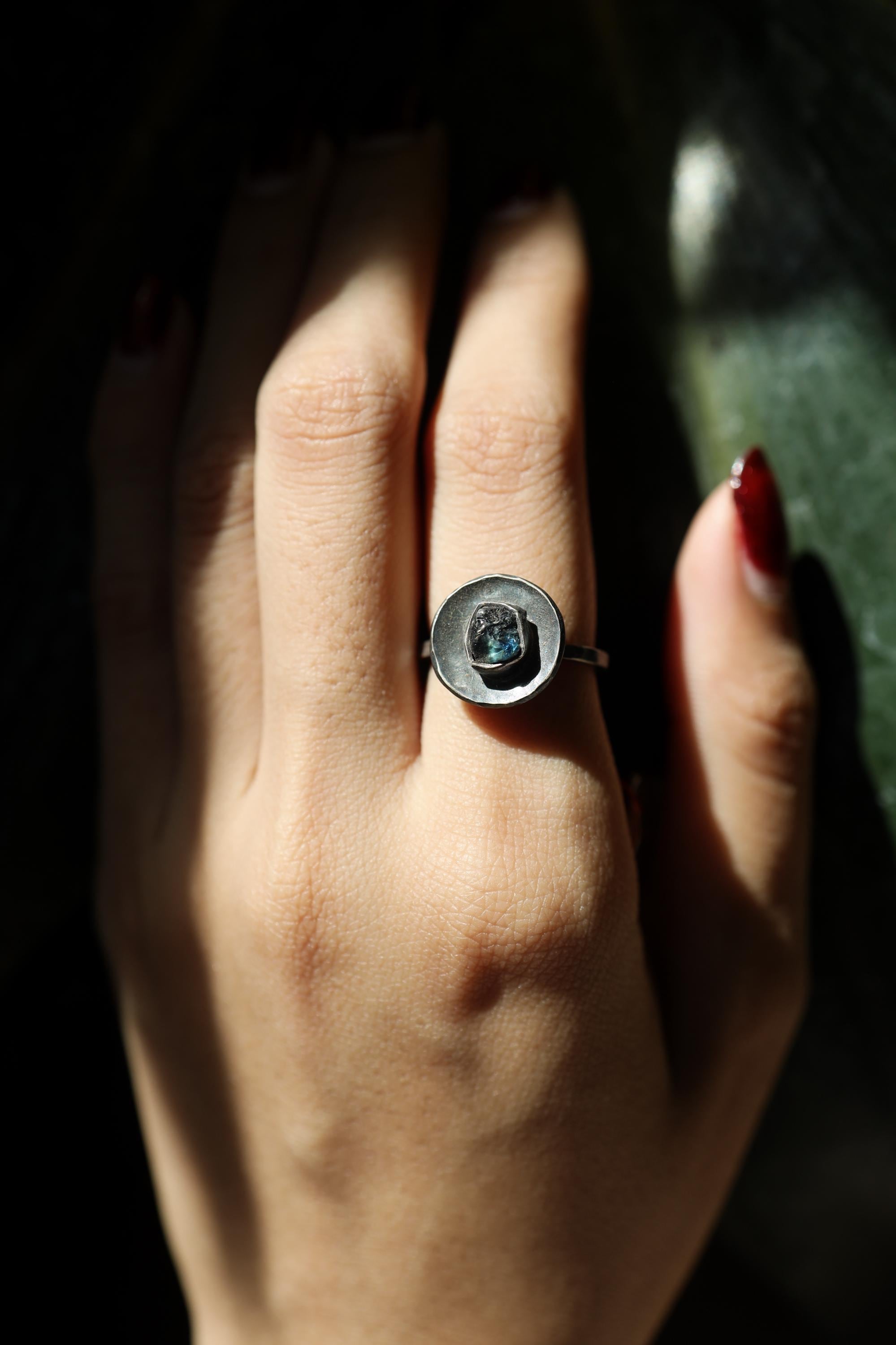 Raw Sapphire Dome Ring 925 Sterling Silver Oxidized Textured Band September Birthstone Throat Chakra Gift