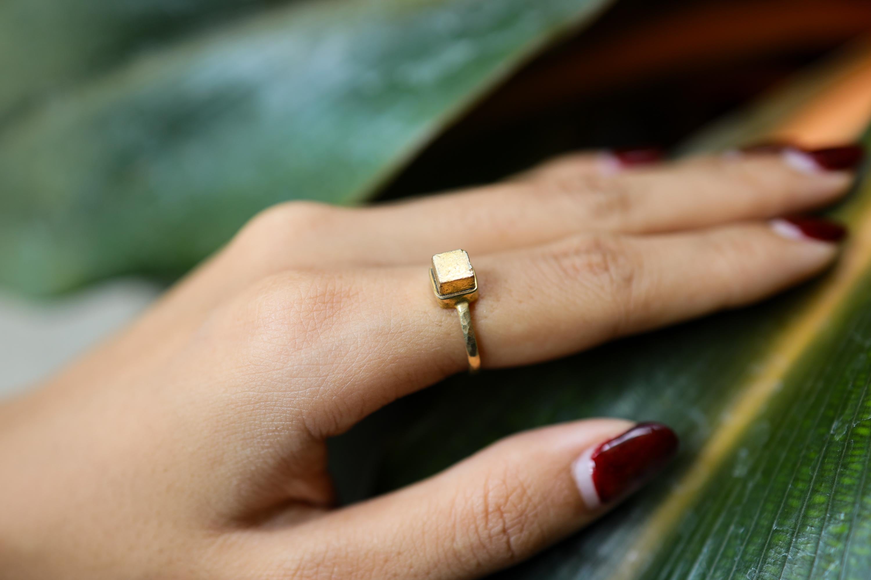 Gold Coated Australian Cubic Pyrite - Stack Crystal Ring - Size 5 1/2 US - Gold Plated 925 Sterling Silver - Thin Band Hammer Textured