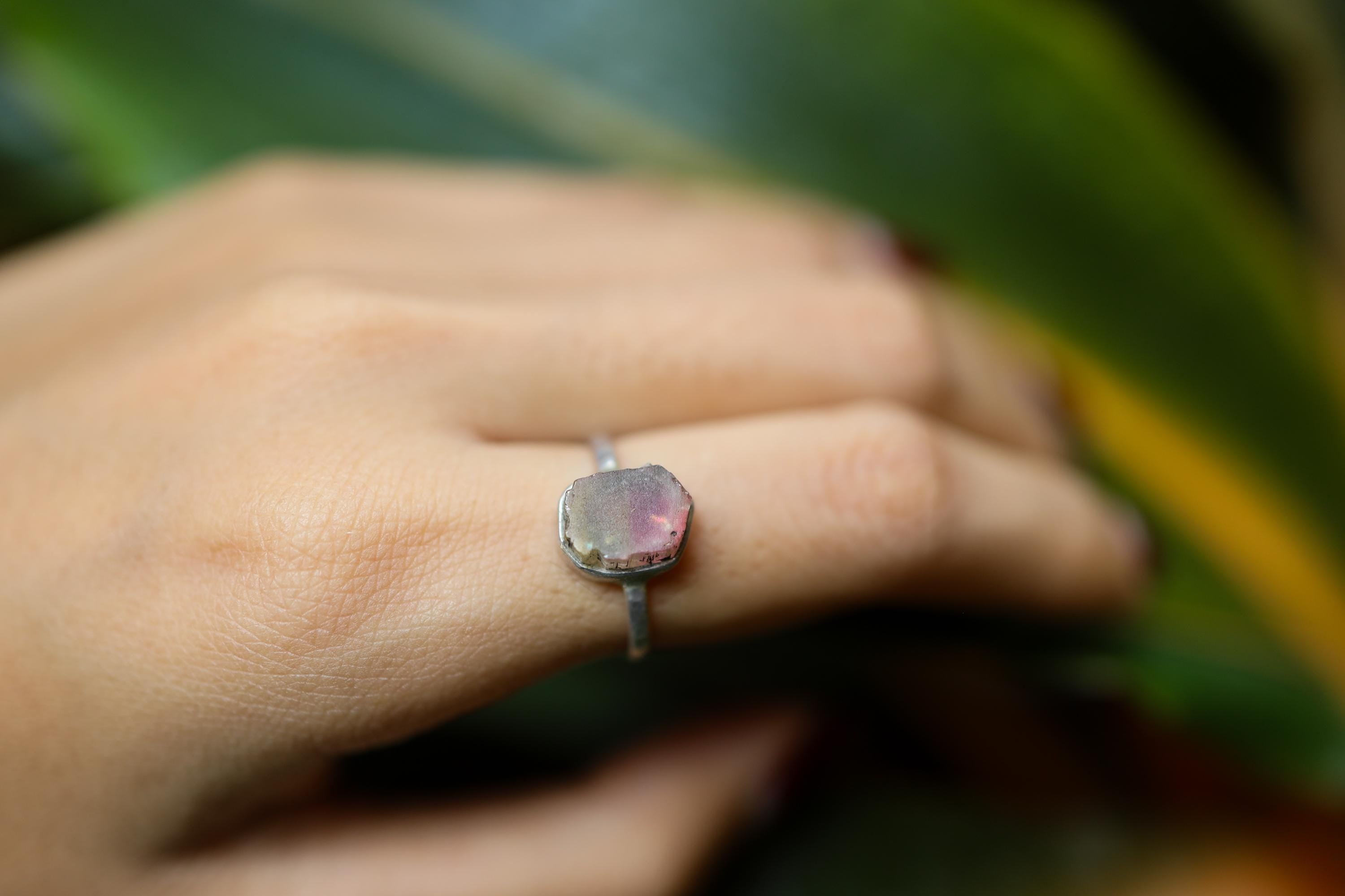 Bicolour Pink gem Tourmaline - Stack Crystal Ring - Size 5 3/4 US - 925 Sterling Silver - Thin Band Hammer Textured