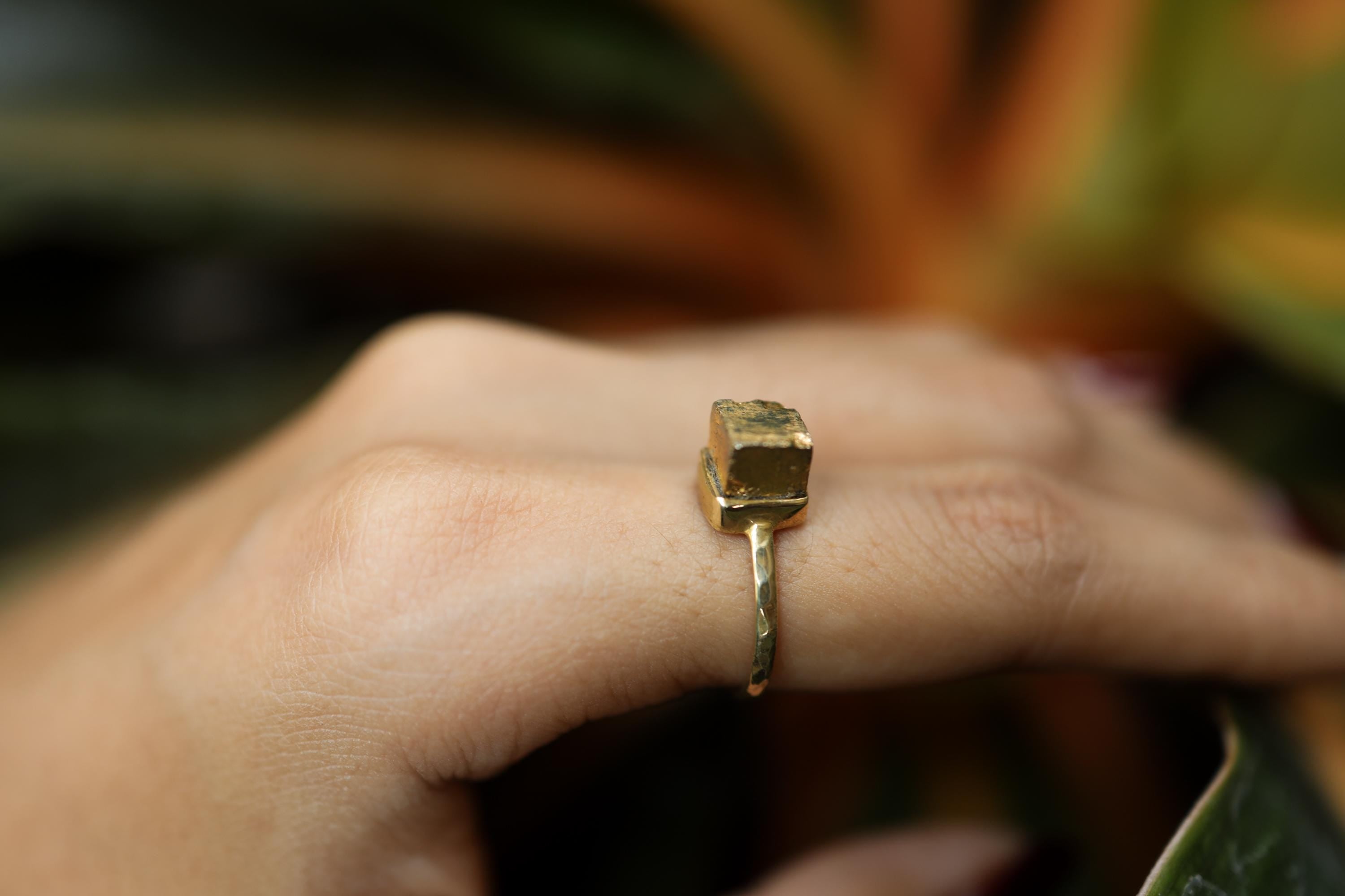 Gold Plated Pyrite Ring: Hammered Sterling Silver Band, Size 6.25