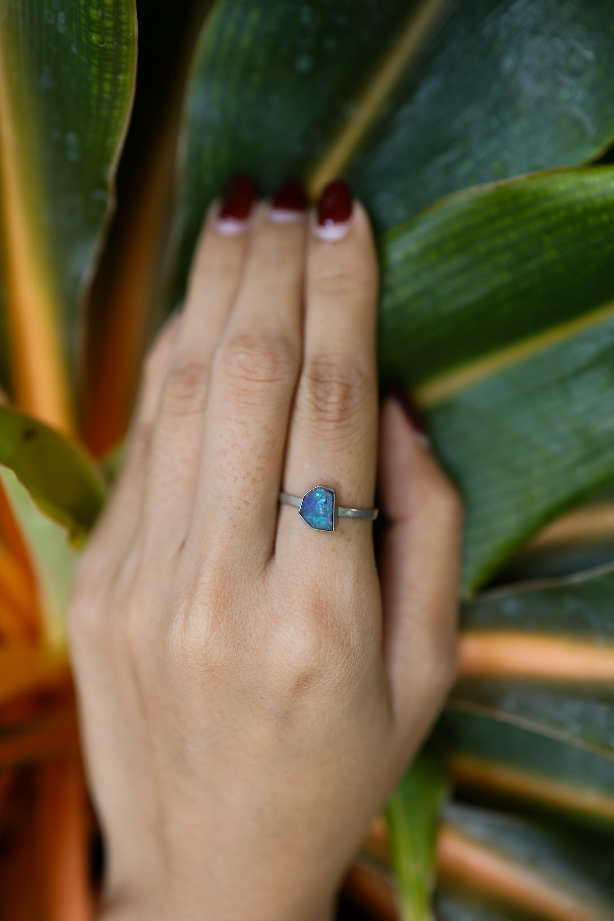 Black Australian Opal Doublet - Size 6 1/2 US - Sterling Silver Ring Band & Setting
