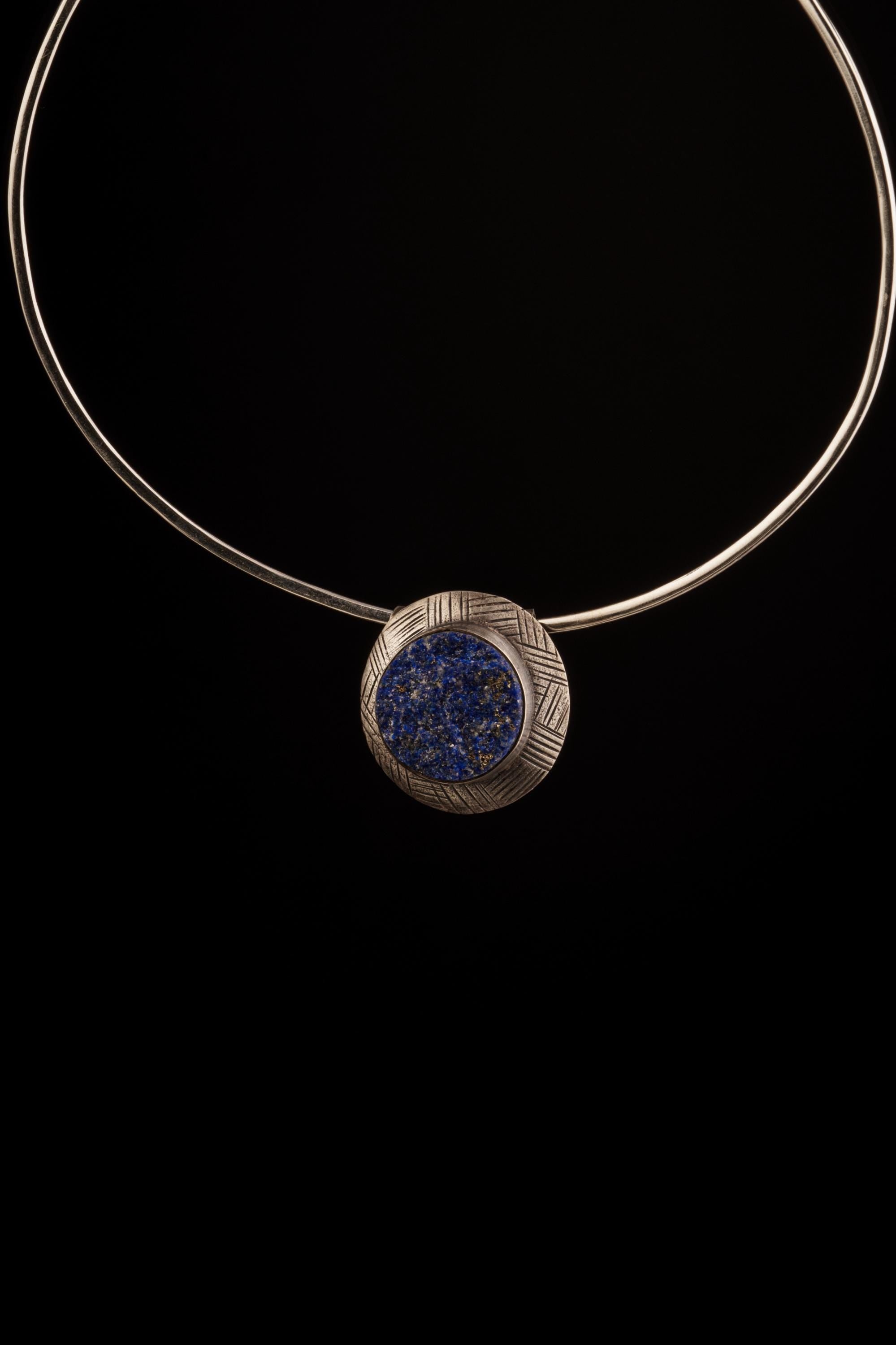 Lapis Lazuli Shield Pendant, Textured & Oxidized Sterling Silver, Third Eye Chakra, Artisan Jewelry, Unique Gift