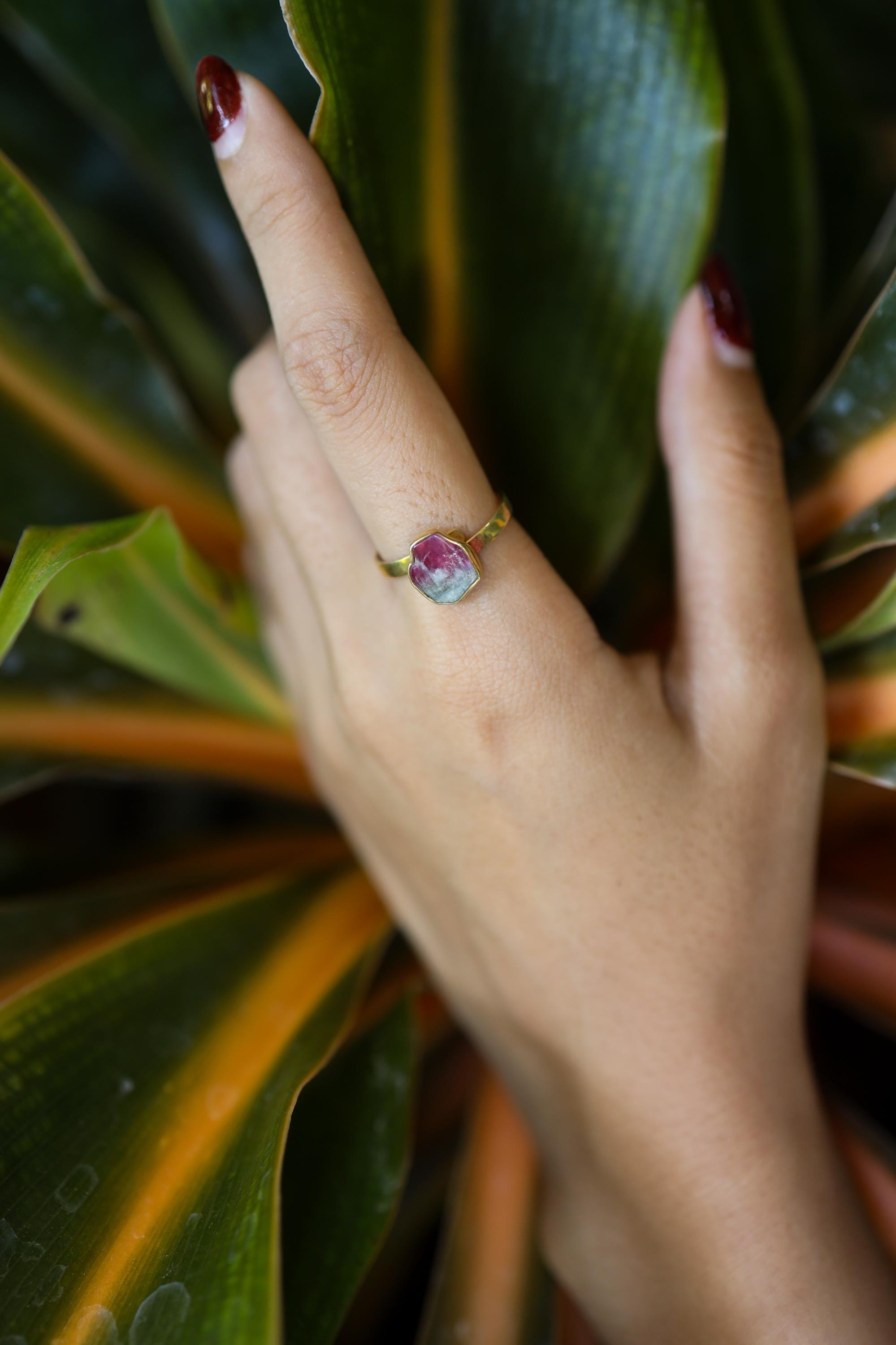 Watermelon Tourmaline Ring 16k Gold Plated 925 Sterling Silver Heart Chakra Libra Virgo Jewelry Gift Size 7 US
