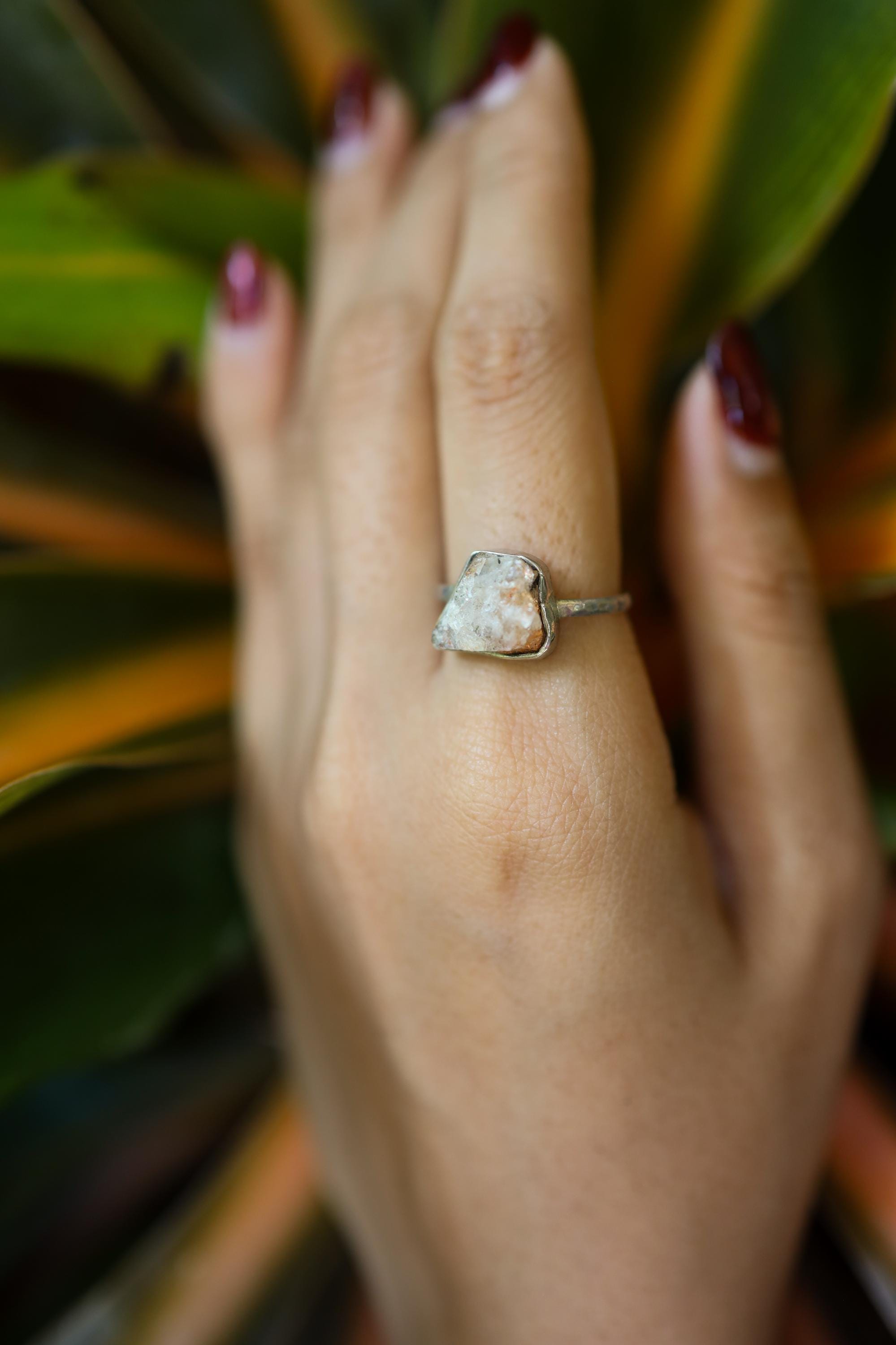 Natural Rough Sunstone - Stack Crystal Ring - Size 7 1/4 US - 925 Sterling Silver - Thin Band Hammer Textured