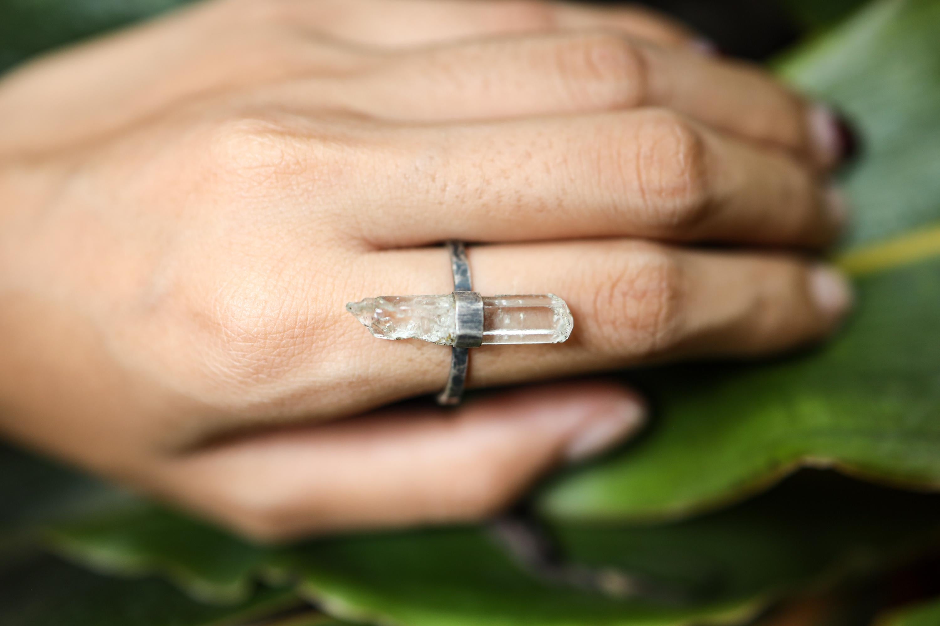 Oxidized Sterling Silver Ring: Raw Himalayan Aquamarine, Hammered Texture, Size 8 3/4
