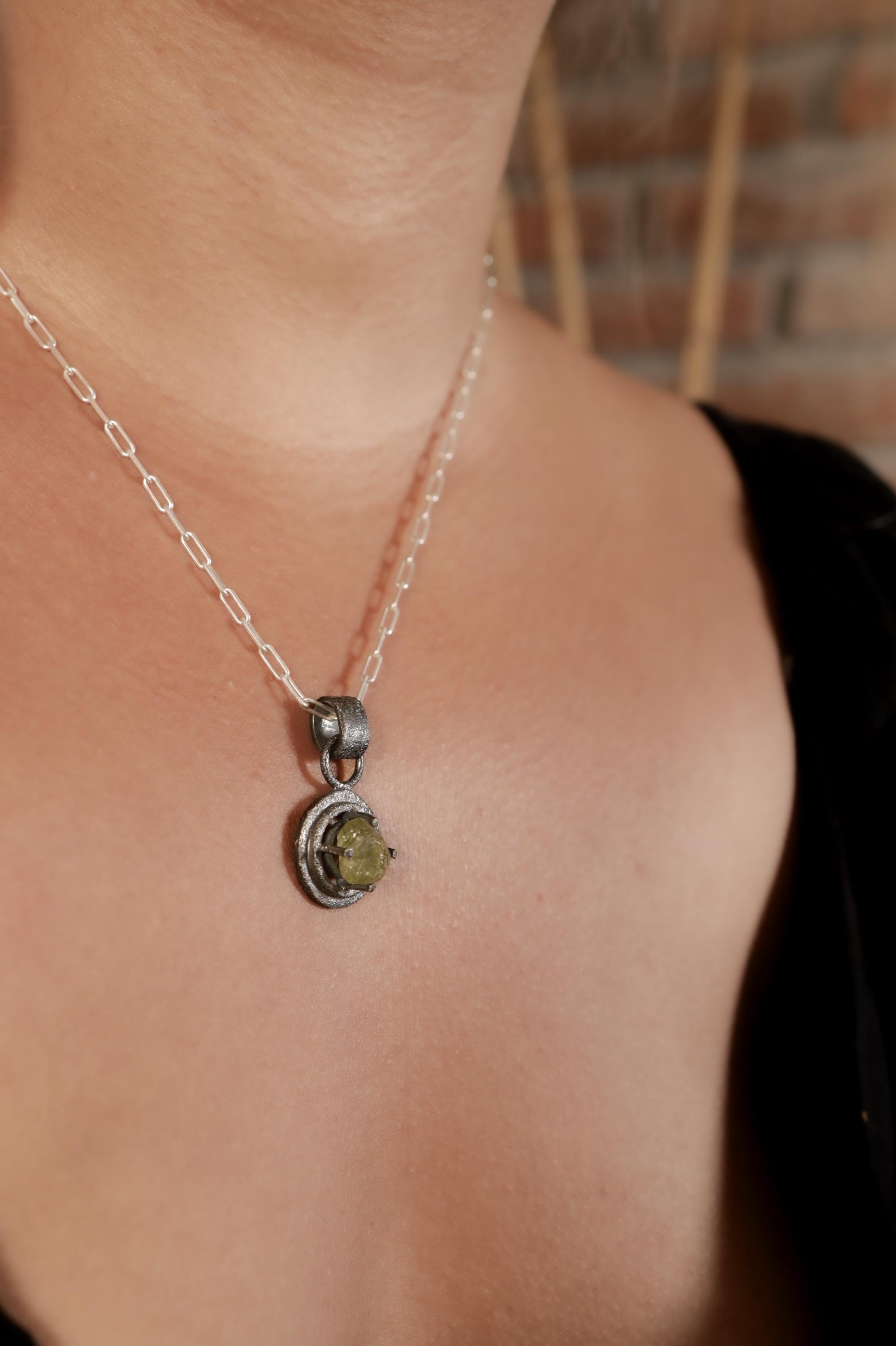 Raw AAA Grade Peridot - Oxidised Sterling Silver - Strong Framed Claw Wire Setting - Sand Textured - Pendant Crystal Necklace