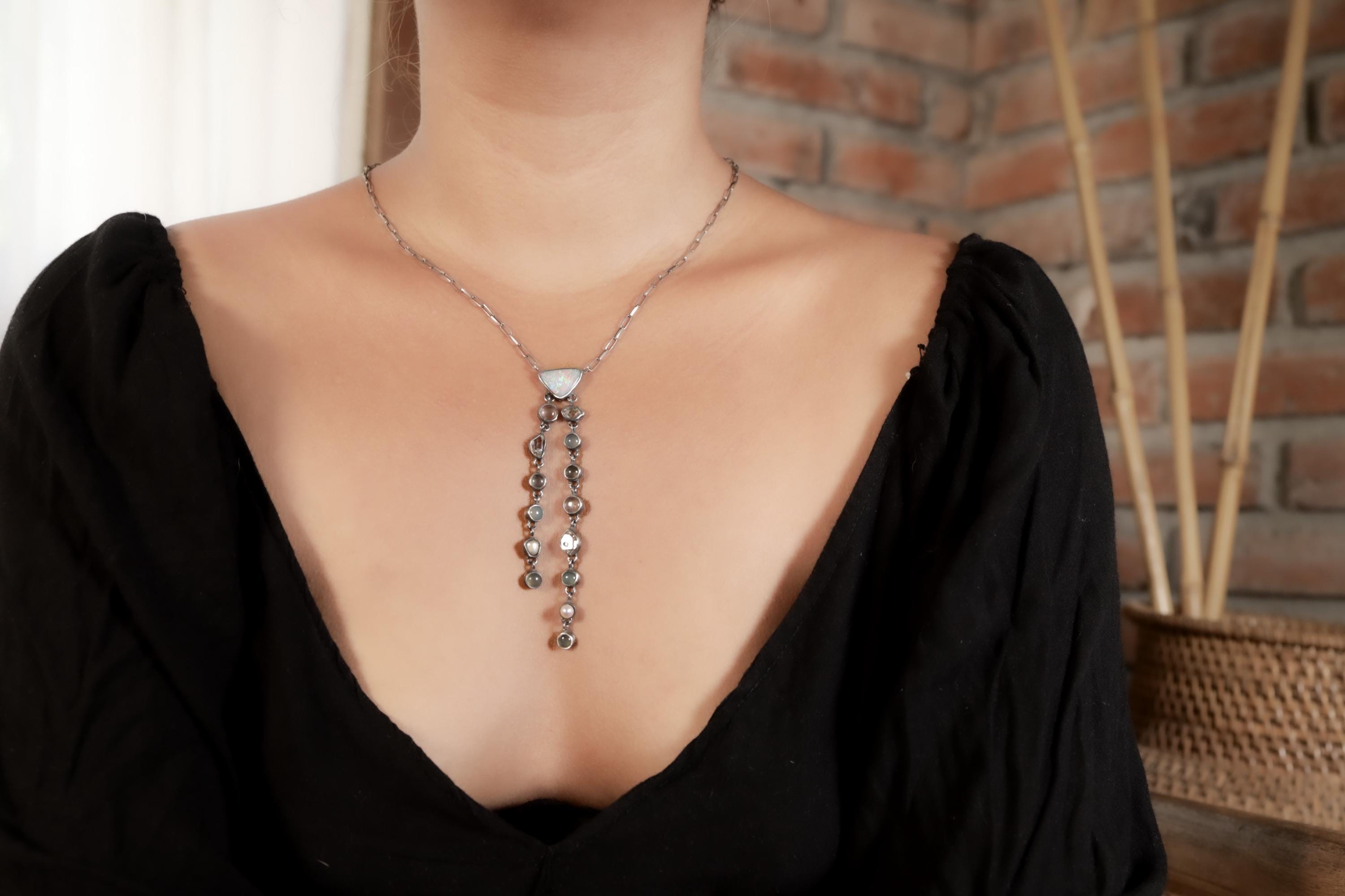 Opal, Rose Quartz, Aquamarine, Herkimer Diamond Pearl Pendant, 925 Sterling Silver Heart & Crown Chakra, Unique Gift, Boho Crystal Necklace