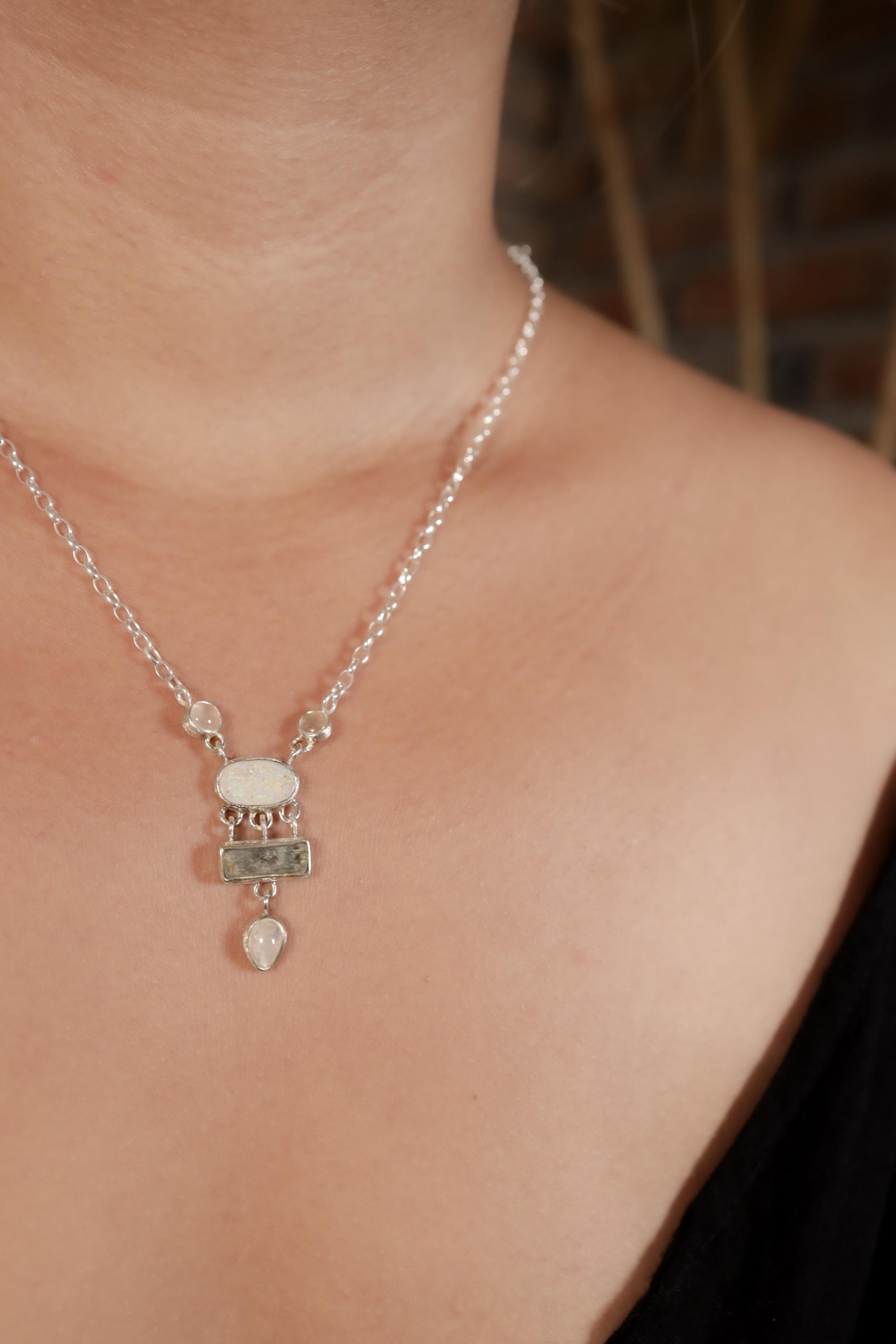Opal, Rose Quartz & Moonstone Necklace: Sterling Silver Gemstone Pendant