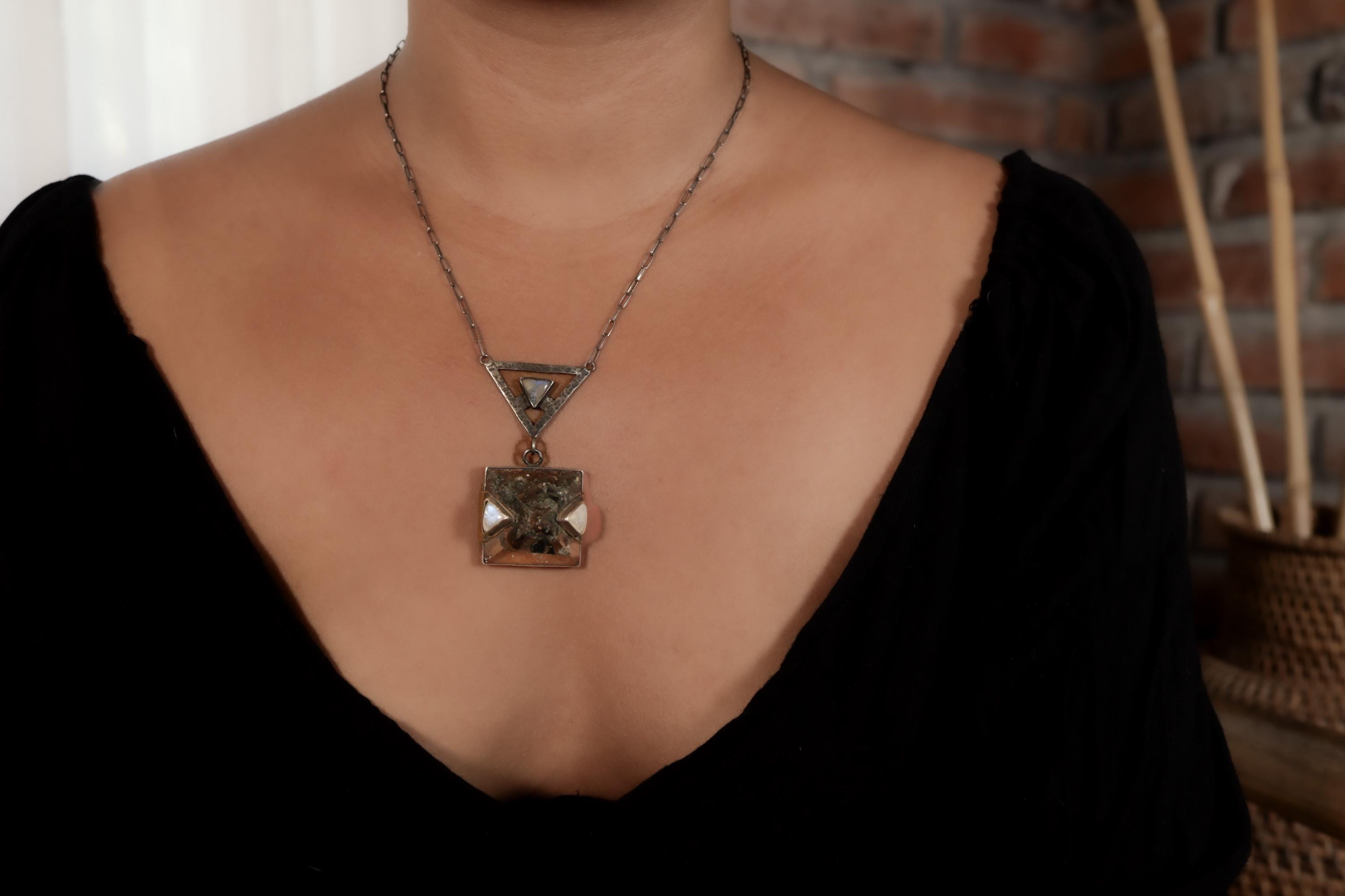 Triangle Moonstone & Himalayan Chlorite Quartz Necklace, Cancer and Scorpio Zodiac, Hammered Texture, Oxidized Finish, Spiritual Growth