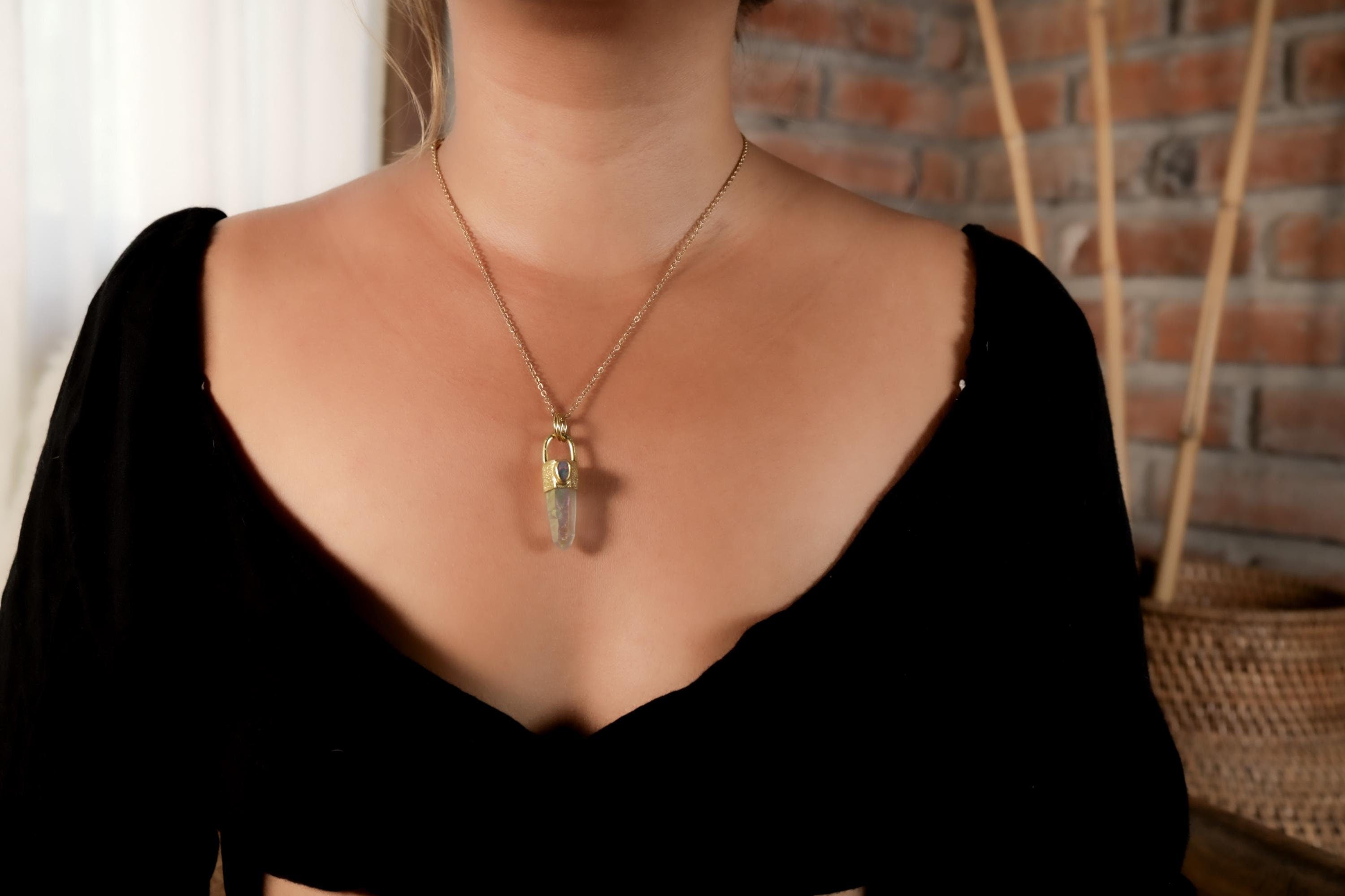 Opal/Angel Aura Quartz & Opal Doublet Pendant, 18K Gold-Plated Sterling Silver, Crown Chakra Jewelry, Unique Cosmic Gift - NO/01
