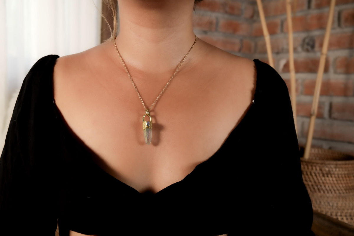 Opal/Angel Aura Quartz & Opal Doublet Pendant, 18K Gold-Plated Sterling Silver, Crown Chakra Jewelry, Unique Cosmic Gift - NO/01