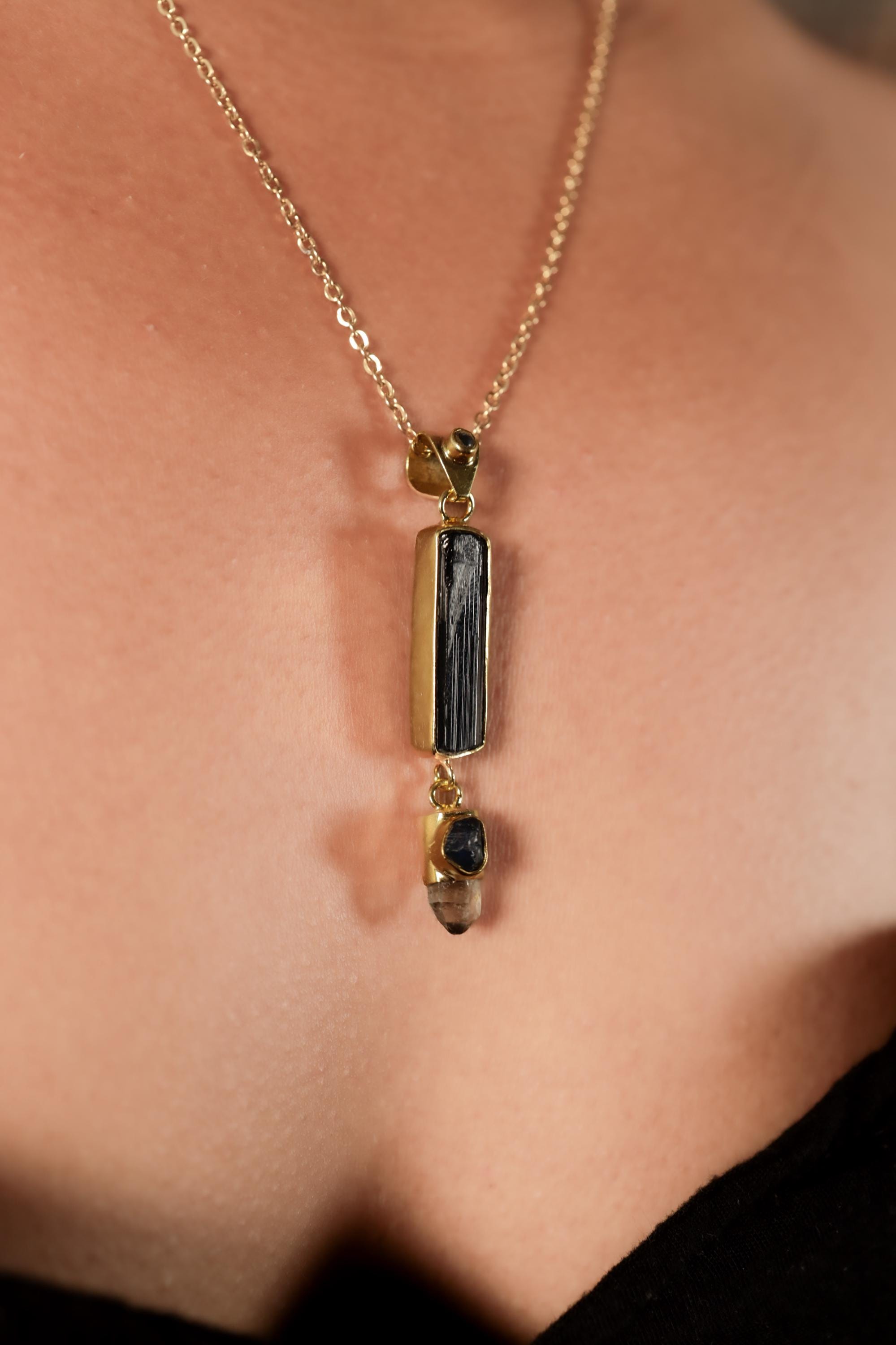 Blue Moonstone, Raw Tourmaline, Light Smoky Quartz & Blue Sapphire Pendant, Sterling Silver, 18k Gold Plated, Libra Zodiac Emotional Balance