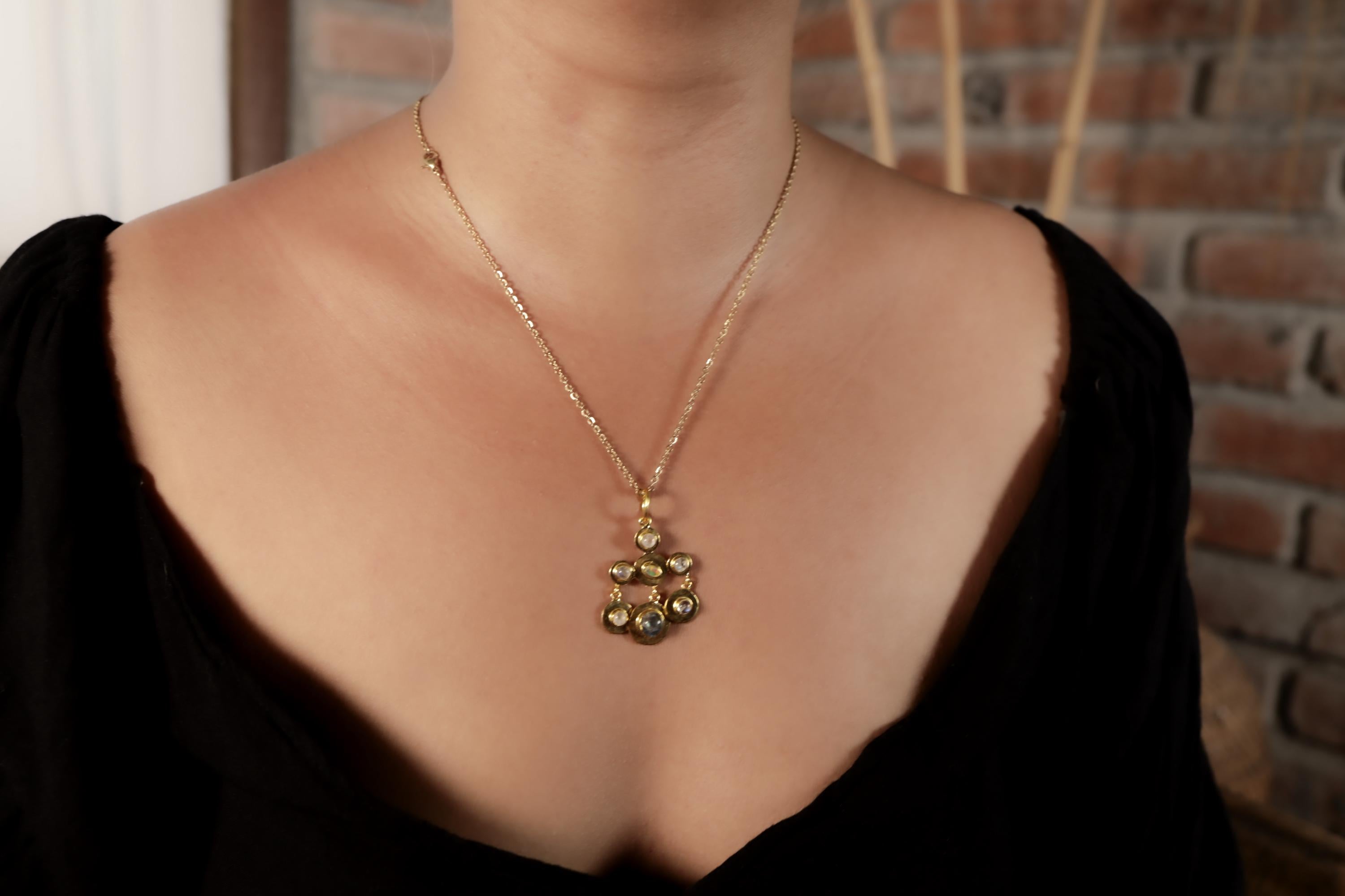 Five Blue Moonstones, Faceted Ethiopian Opal & Labradorite Pendant, 18K Gold-Plated Sterling Silver, Hammer Textured, Unique Gift