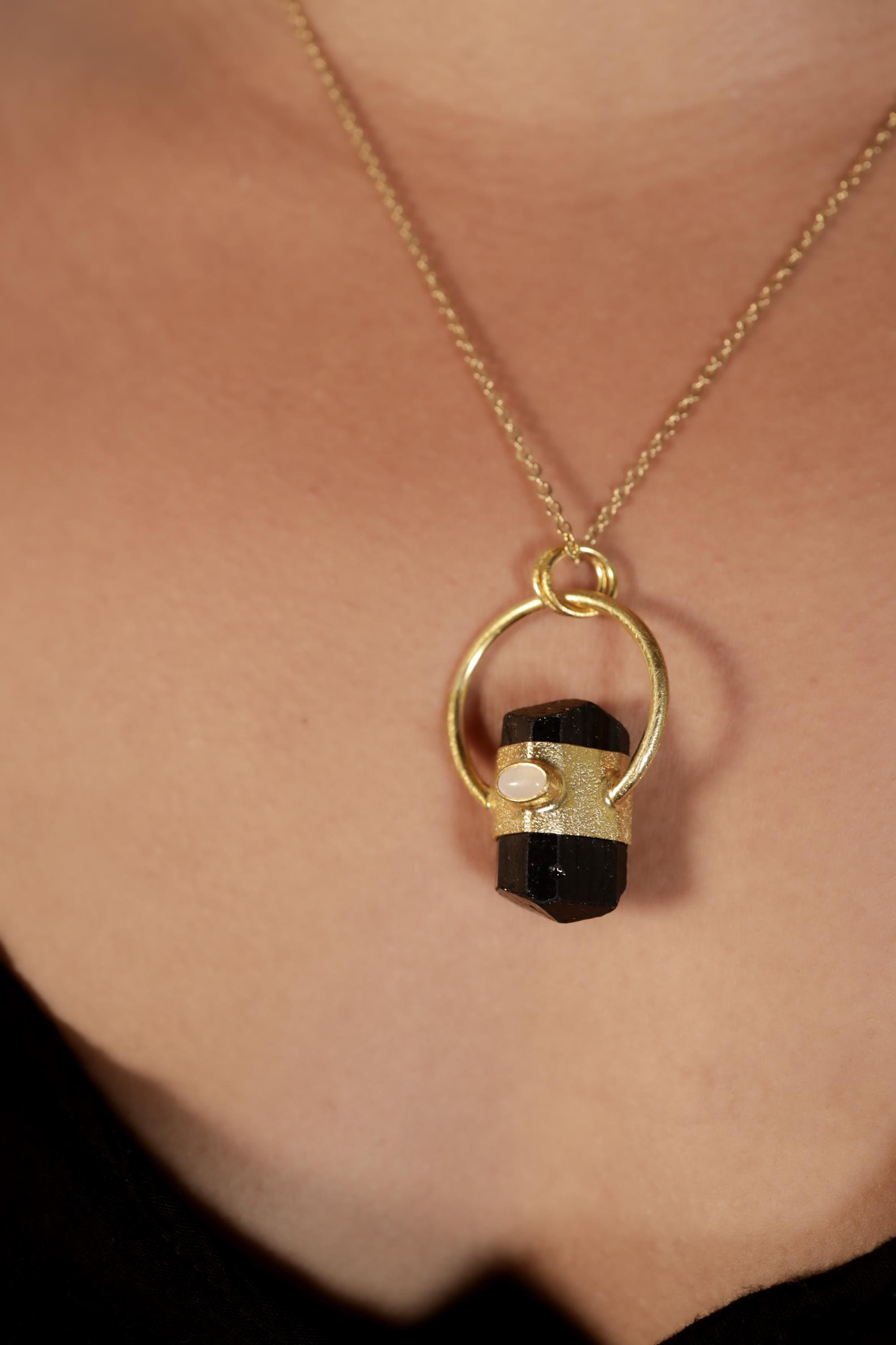 Black Tourmaline Moonstone Pendant: Sand Texture Sterling Silver, 18k Gold Plated