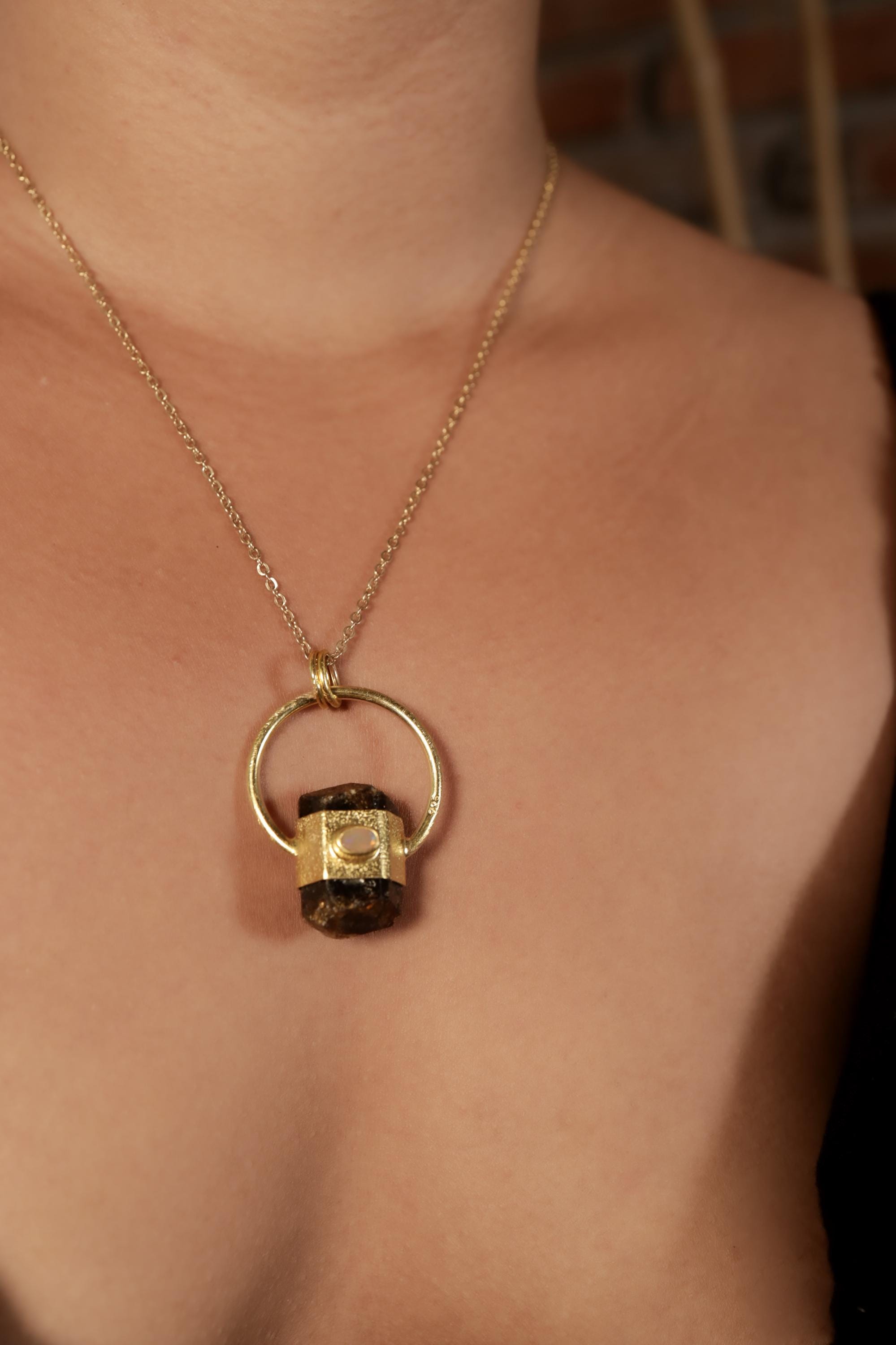 Brown Tourmaline & Ethiopian Opal Pendant: 18k Gold Plated Sterling Silver
