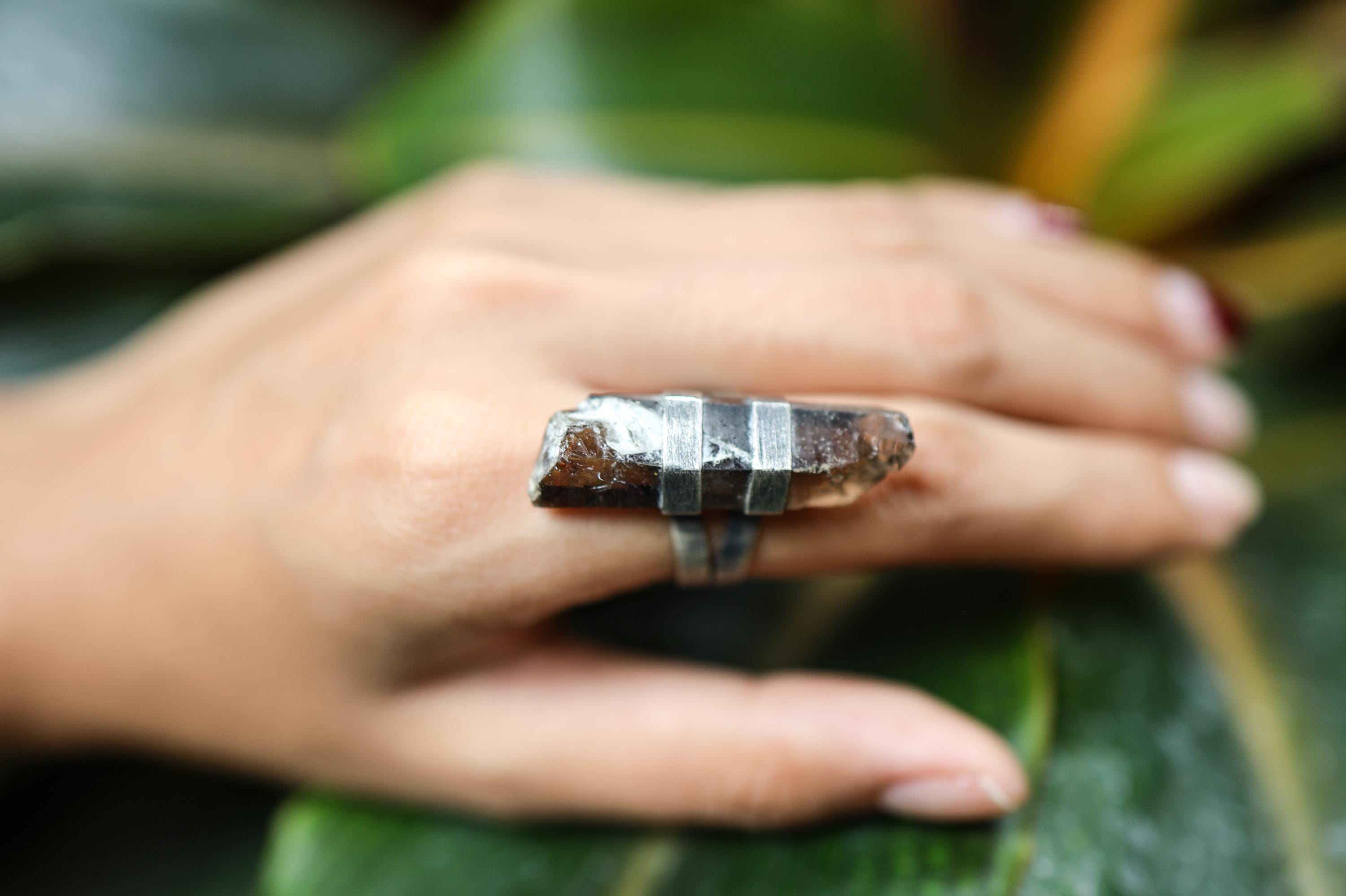 Oxidized Sterling Silver Smoky Citrine Ring: Australian Quartz, Size 6