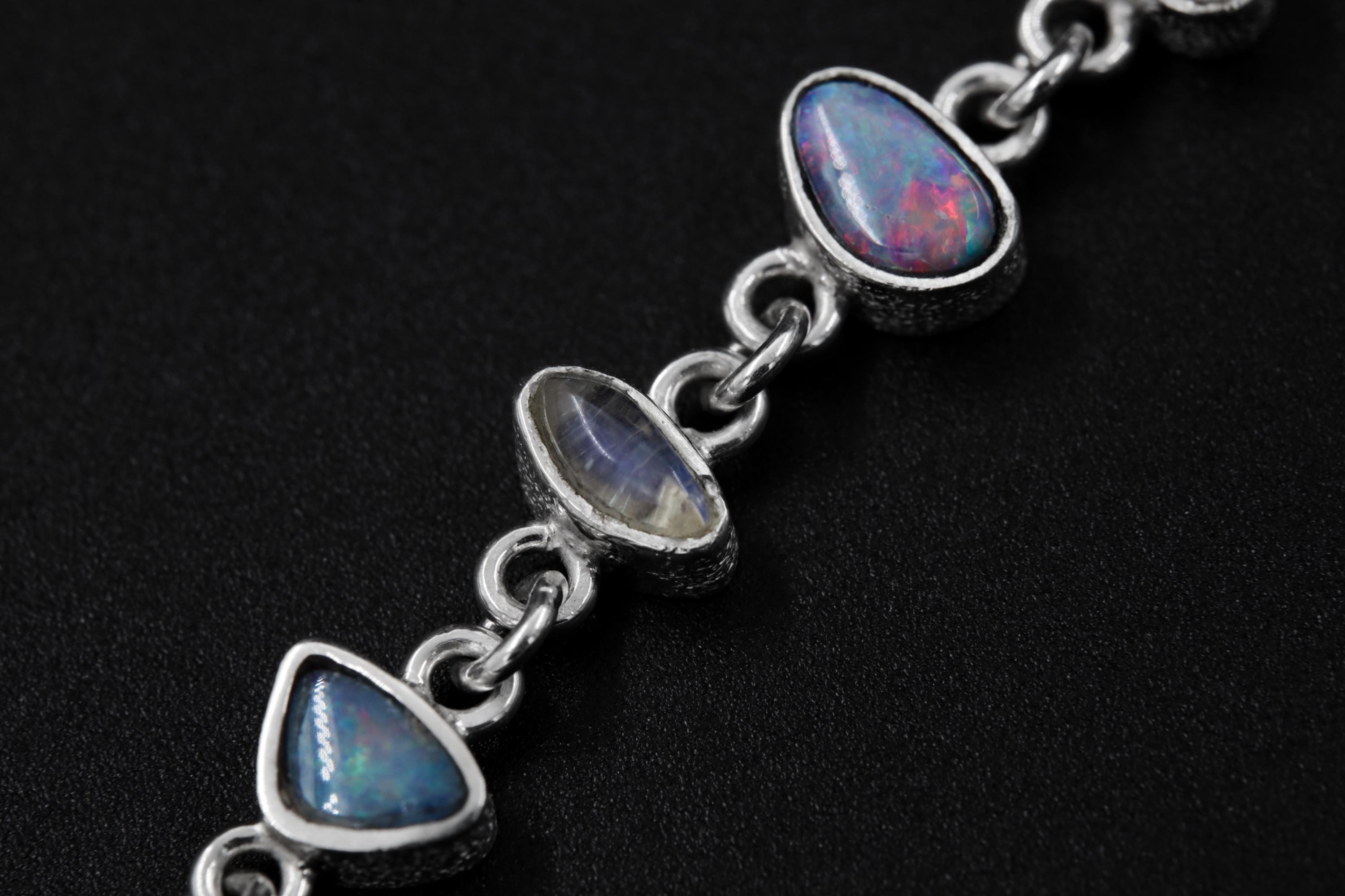 Faceted Zircon, Australian Opal Pendant, Blue Moonstone and Aquamarine, Sterling Silver, Crown & Throat Chakra, Libra Zodiac, Unique Gift