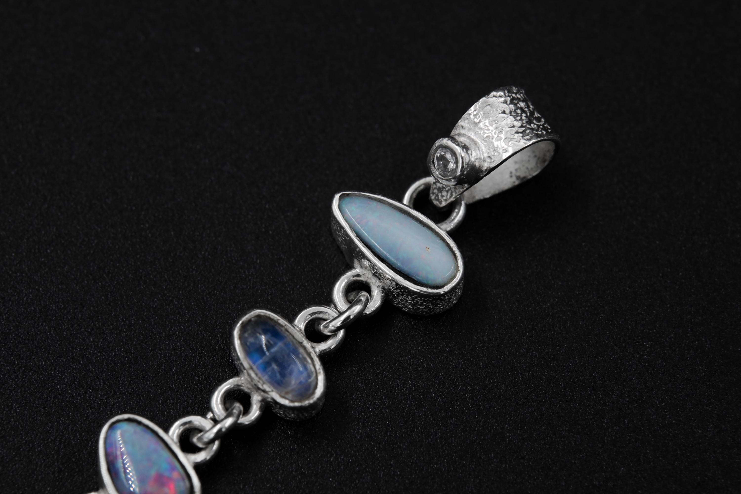 Faceted Zircon, Australian Opal Pendant, Blue Moonstone and Aquamarine, Sterling Silver, Crown & Throat Chakra, Libra Zodiac, Unique Gift