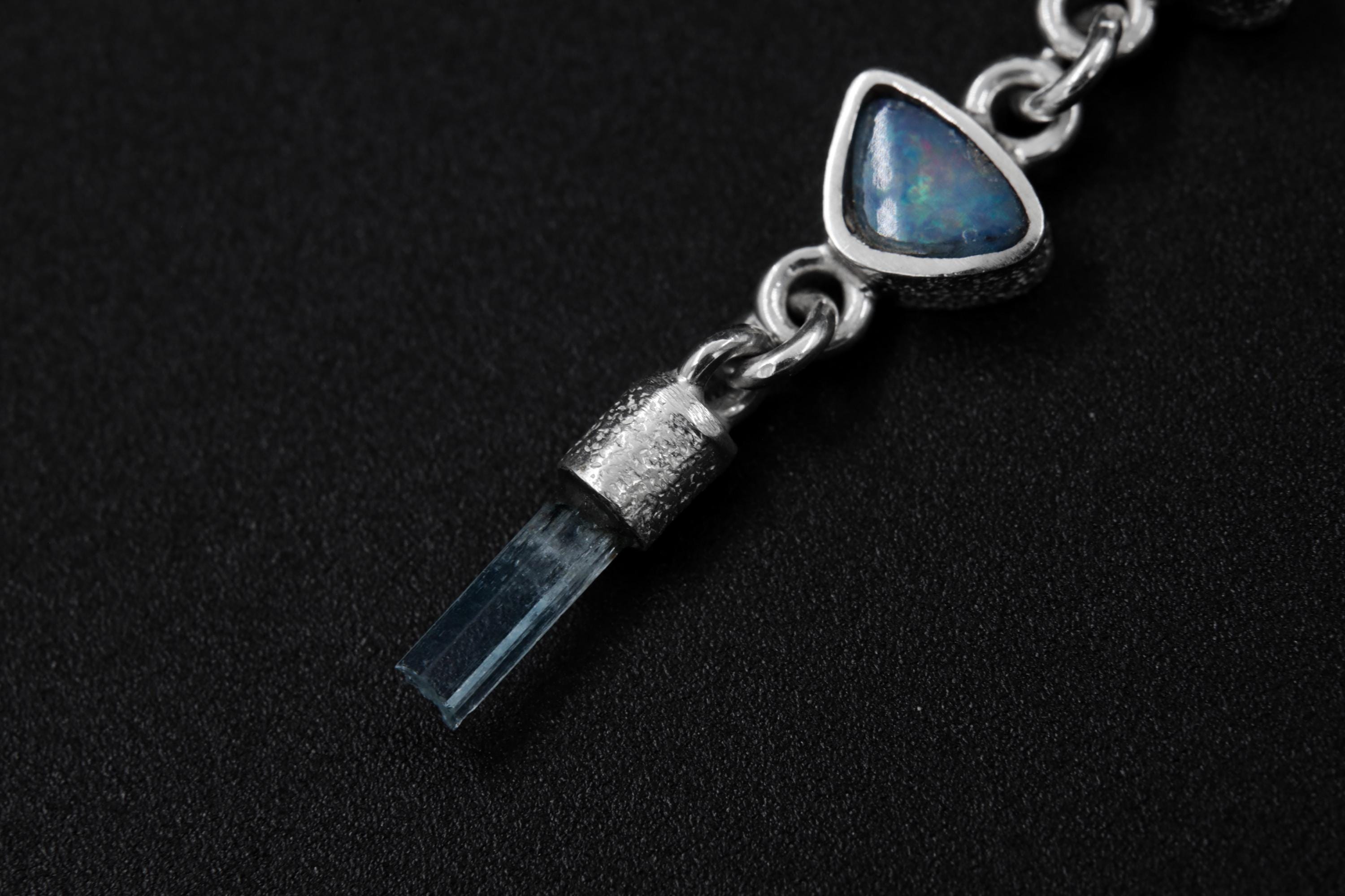Faceted Zircon, Australian Opal Pendant, Blue Moonstone and Aquamarine, Sterling Silver, Crown & Throat Chakra, Libra Zodiac, Unique Gift