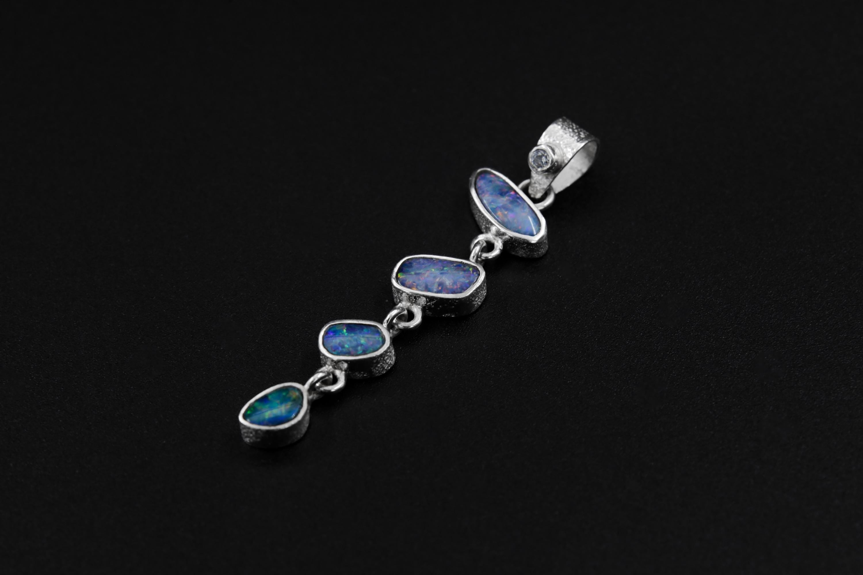 Herkimer Diamond & Australian Opal Pendant: Hand-Textured Sterling Silver