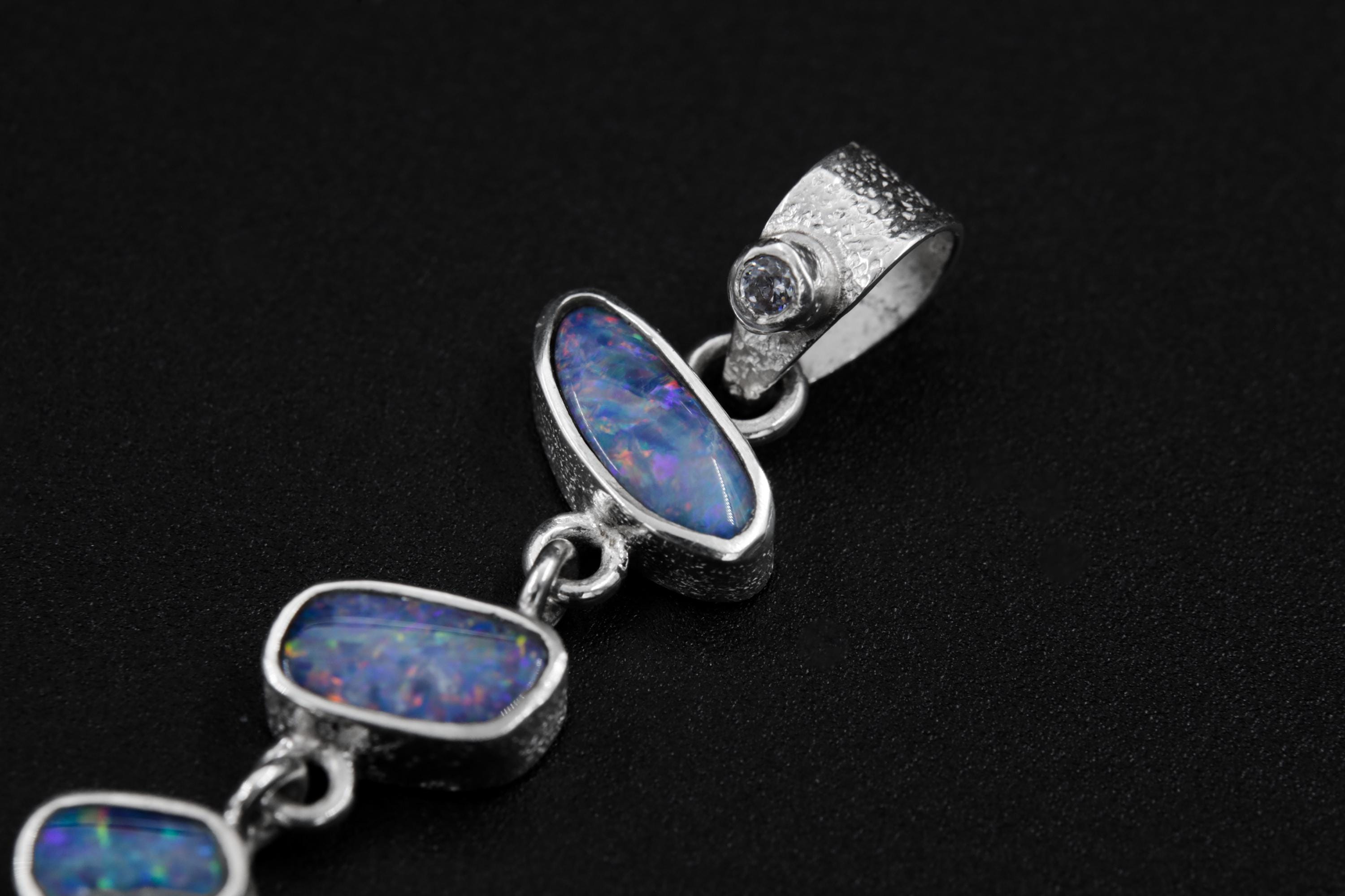 Sparkling Zircon and Australian Opal Pendant, Hand-Textured Sterling Silver, Crown Chakra, Libra Zodiac, Emotional Healing, Unique Gift