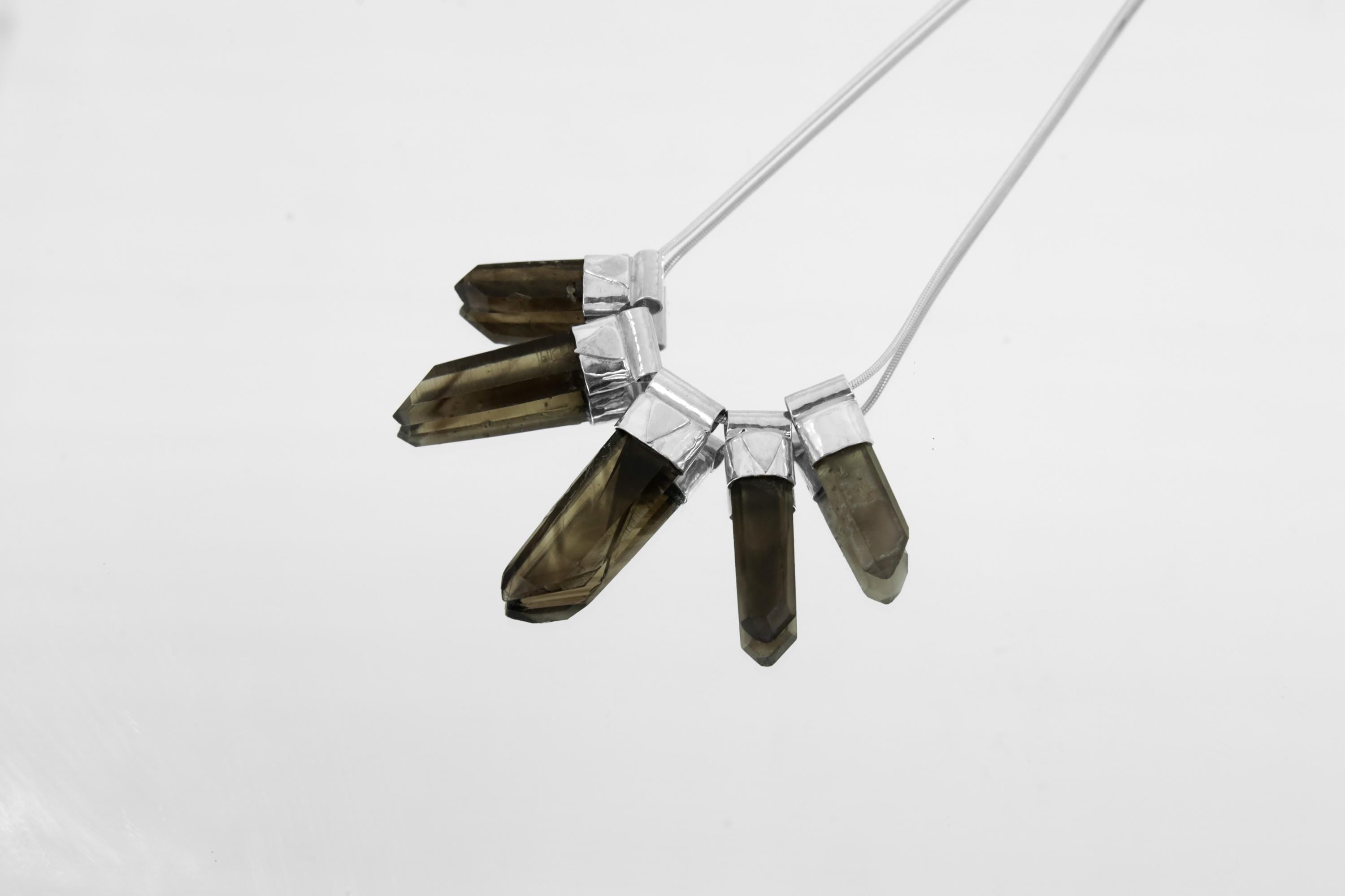 Radiant Five Australian Smoky Citrine Phantom Quartz Stack Pendant on 3mm Snake Chain, Hammered,Sterling Silver, Empowerment & Manifestation