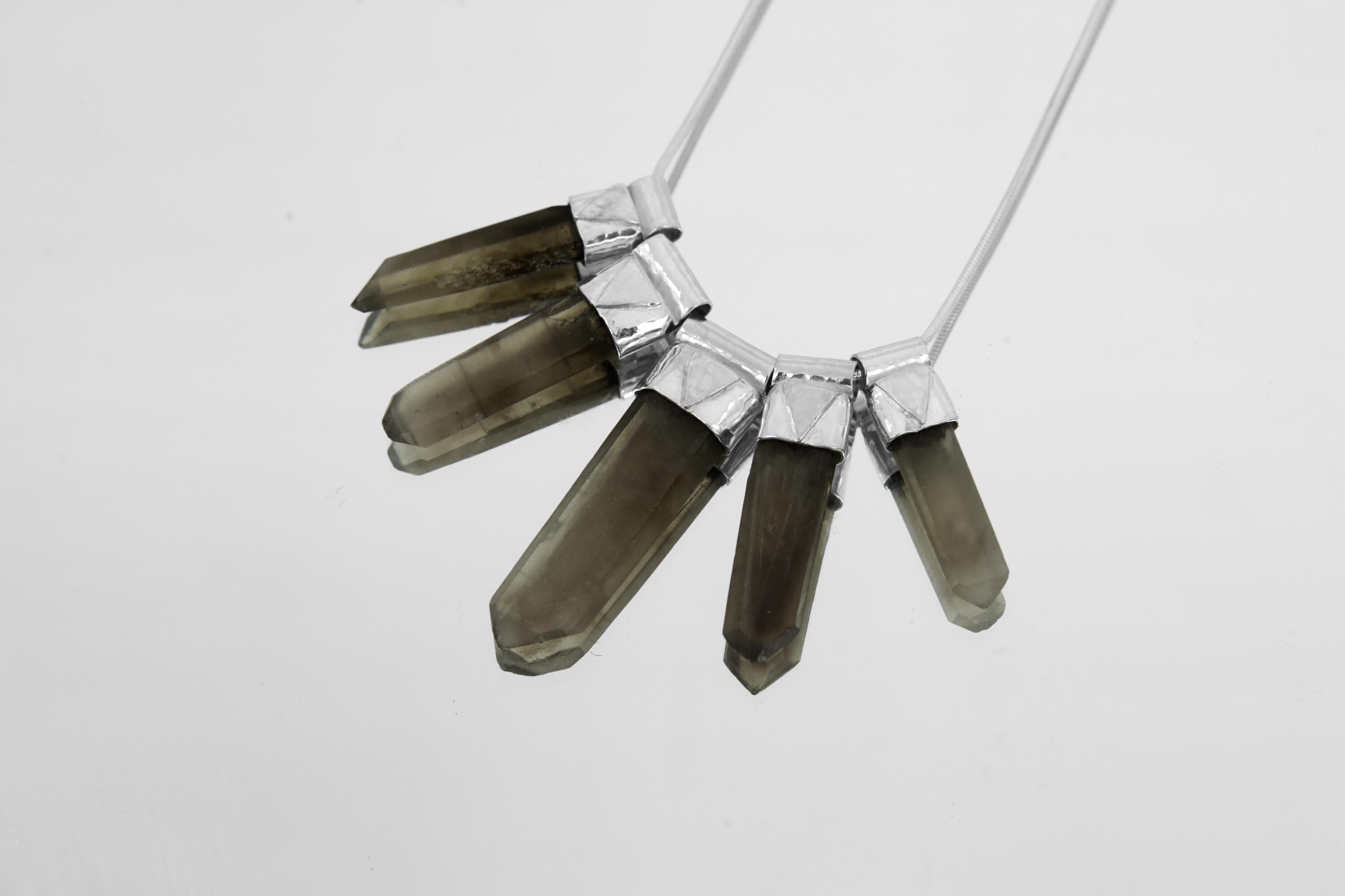 Stunning Five Australian Smoky Citrine Phantom Quartz Pendant on 3mm Snake Chain Necklace Hammer Textured Sterling Silver Healing & Elegance