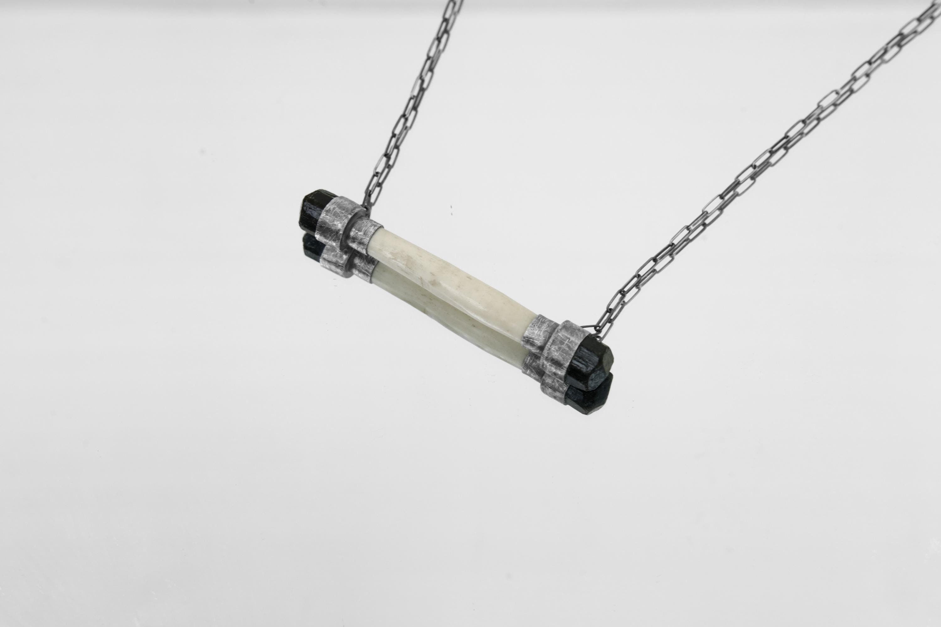 Black Tourmaline & Bone Pendant: Oxidized Sterling Silver, Root Chakra