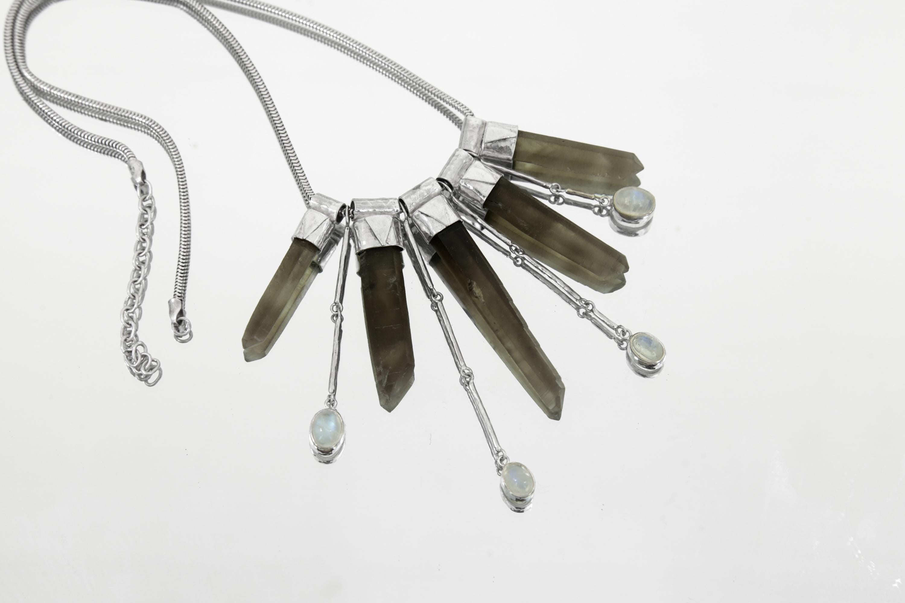 Elegant Blue Moonstone, Australian Smoky Citrine Phantom Quartz Stack Pendant on 3mm Snake Chain, Textured Sterling Silver, Light & Healing