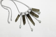 Elegant Blue Moonstone, Australian Smoky Citrine Phantom Quartz Stack Pendant on 3mm Snake Chain, Textured Sterling Silver, Light & Healing