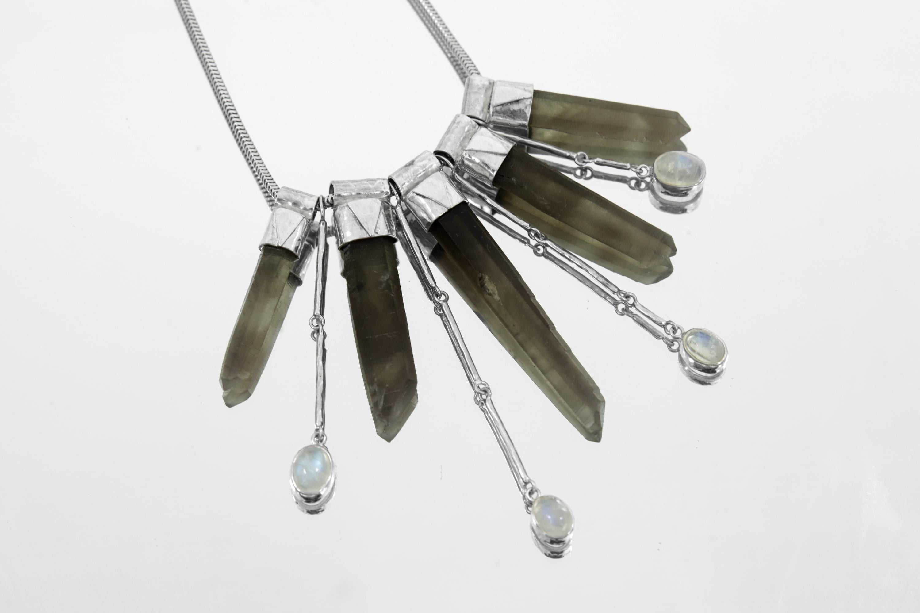 Elegant Blue Moonstone, Australian Smoky Citrine Phantom Quartz Stack Pendant on 3mm Snake Chain, Textured Sterling Silver, Light & Healing