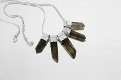 Radiant Five Australian Smoky Citrine Phantom Quartz Stack Pendant on 3mm Snake Chain, Hammered,Sterling Silver, Empowerment & Manifestation