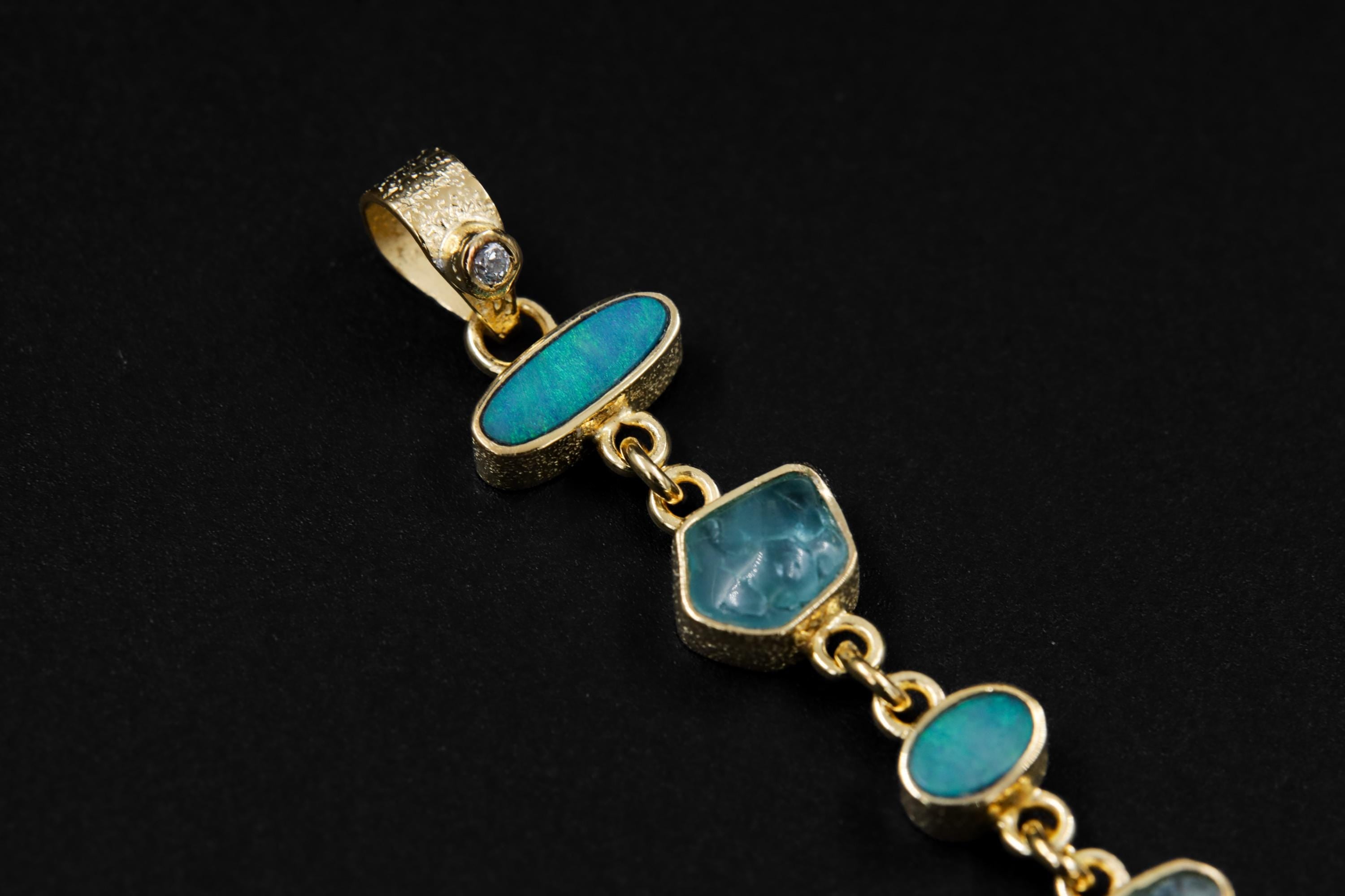 White Faceted Zircon, Aquamarine, Australian Opal Doublet & Blue Moonstone Pendant 18k Gold-Plated Sterling Silver, Texture, Unique Gift