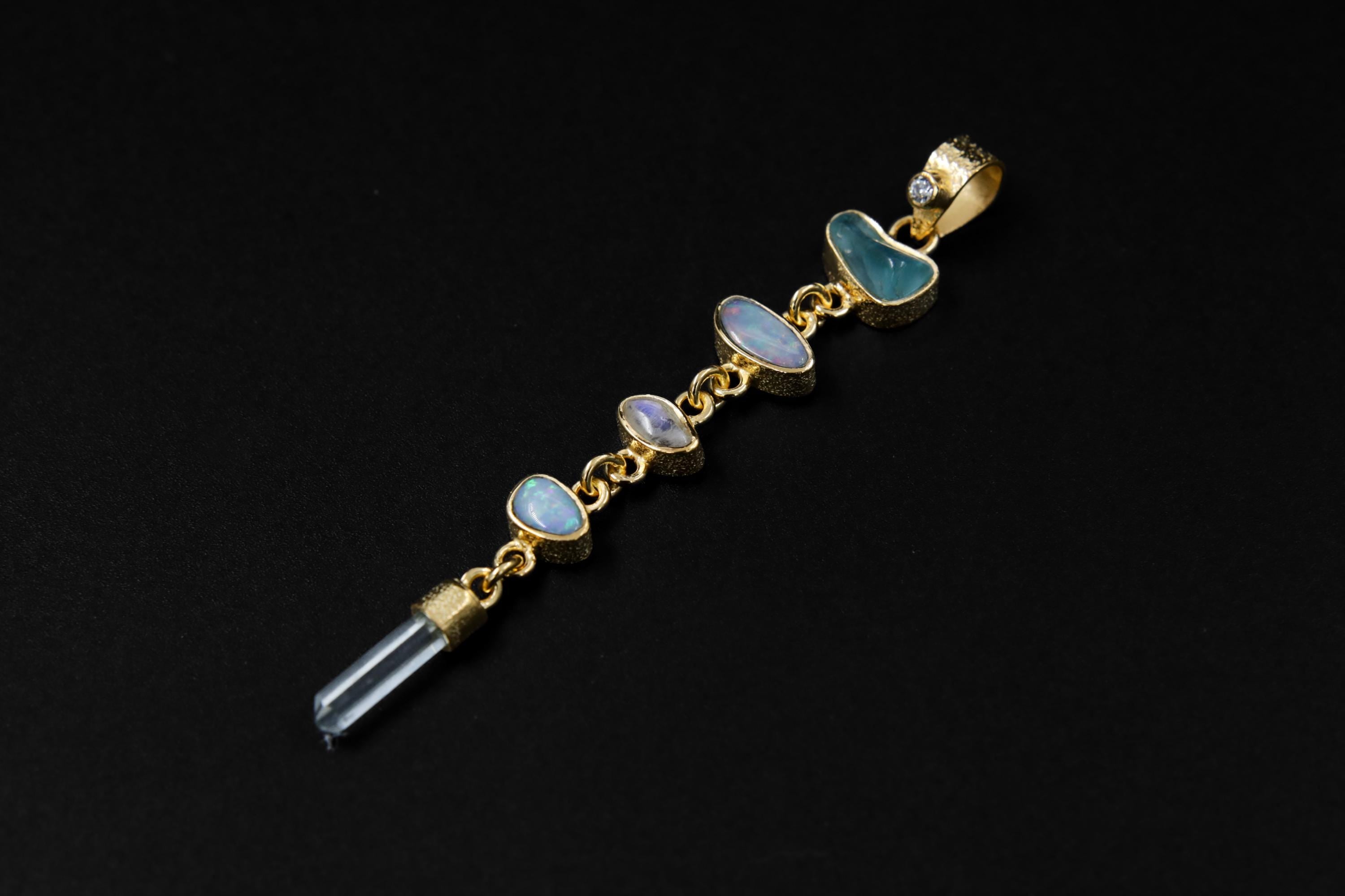 Harmonious Round Zircon, Aquamarine, Australian Opal Doublet & Blue Moonstone Pendant, Texture, 18k Gold-Plated Sterling Silver, Unique Gift