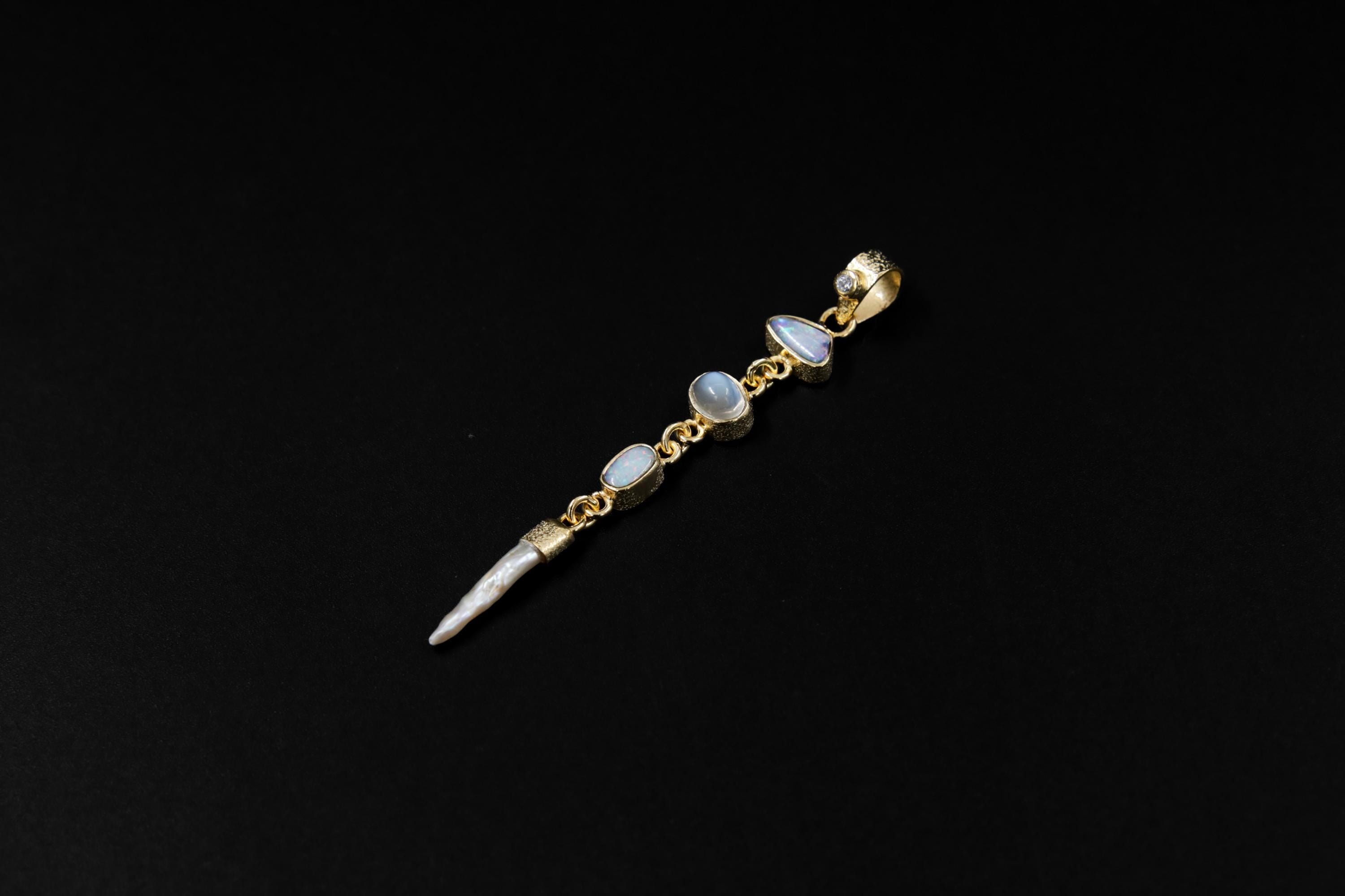 Brilliant Zircon, Australian Opal Doublet, Blue Moonstone & South Sea Pearl Pendant, Textured, 18k Gold-Plated Sterling Silver, Unique Gift