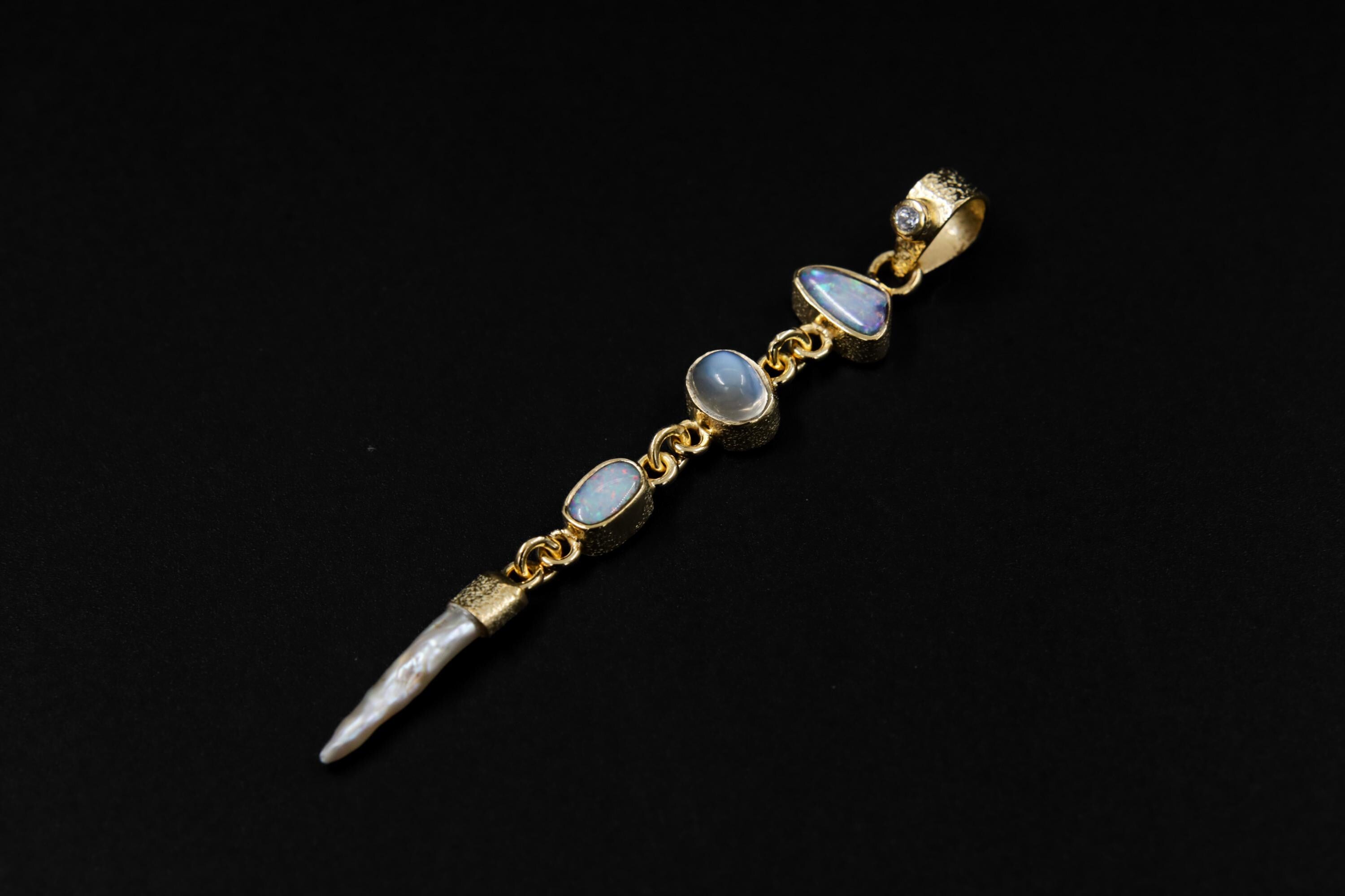 Brilliant Zircon, Australian Opal Doublet, Blue Moonstone & South Sea Pearl Pendant, Textured, 18k Gold-Plated Sterling Silver, Unique Gift