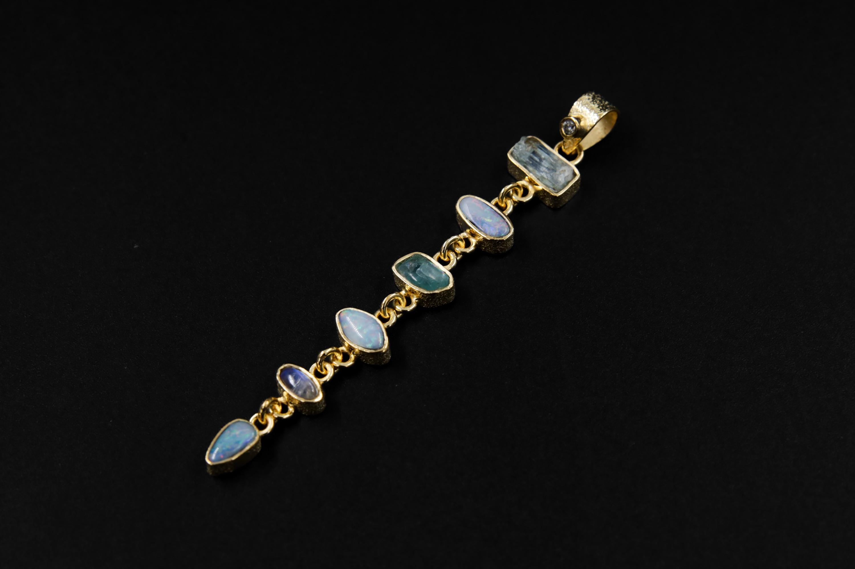 Radiant Zircon, Aquamarine, Australian Opal Doublet & Blue Moonstone Pendant, 18k Gold-Plated Sterling Silver, Unique Gift