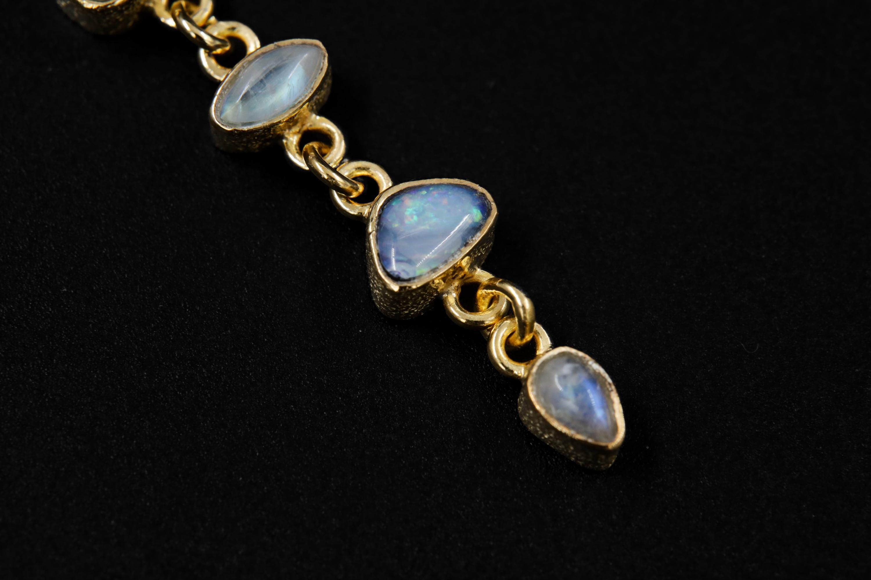 Round Faceted Zircon, Aquamarine, Australian Opal Droplets & Blue Moonstone Pendant 18k GoldPlated Organic Texture Spiritual Clarity Healing