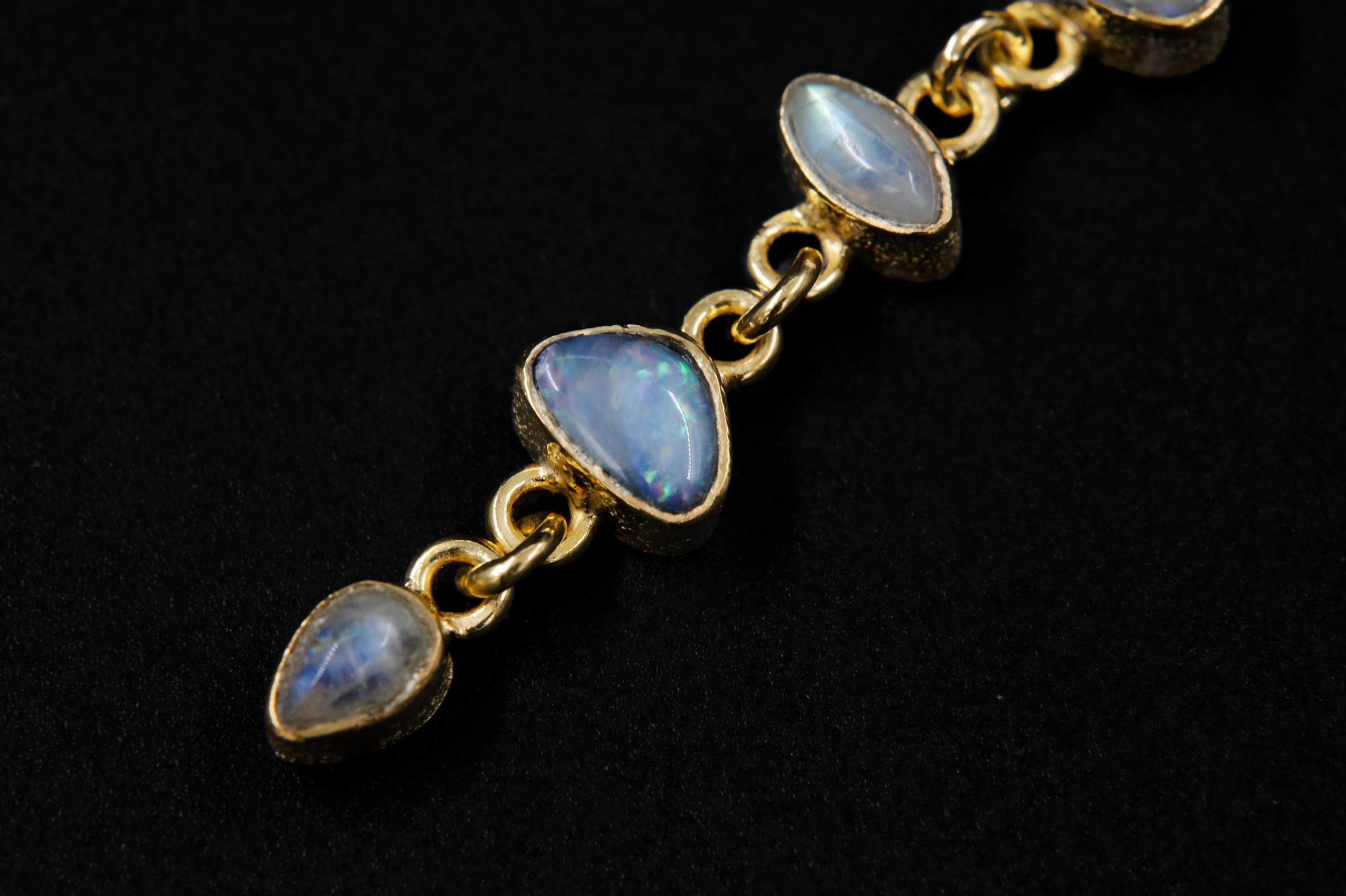 Round Faceted Zircon, Aquamarine, Australian Opal Droplets & Blue Moonstone Pendant 18k GoldPlated Organic Texture Spiritual Clarity Healing