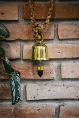 Large Smoky Quartz Point Crystal-accented Hindu Prayer Bell, Bronze with 18k Gold Plating, Meditation & Spiritual Décor, Unique Gift