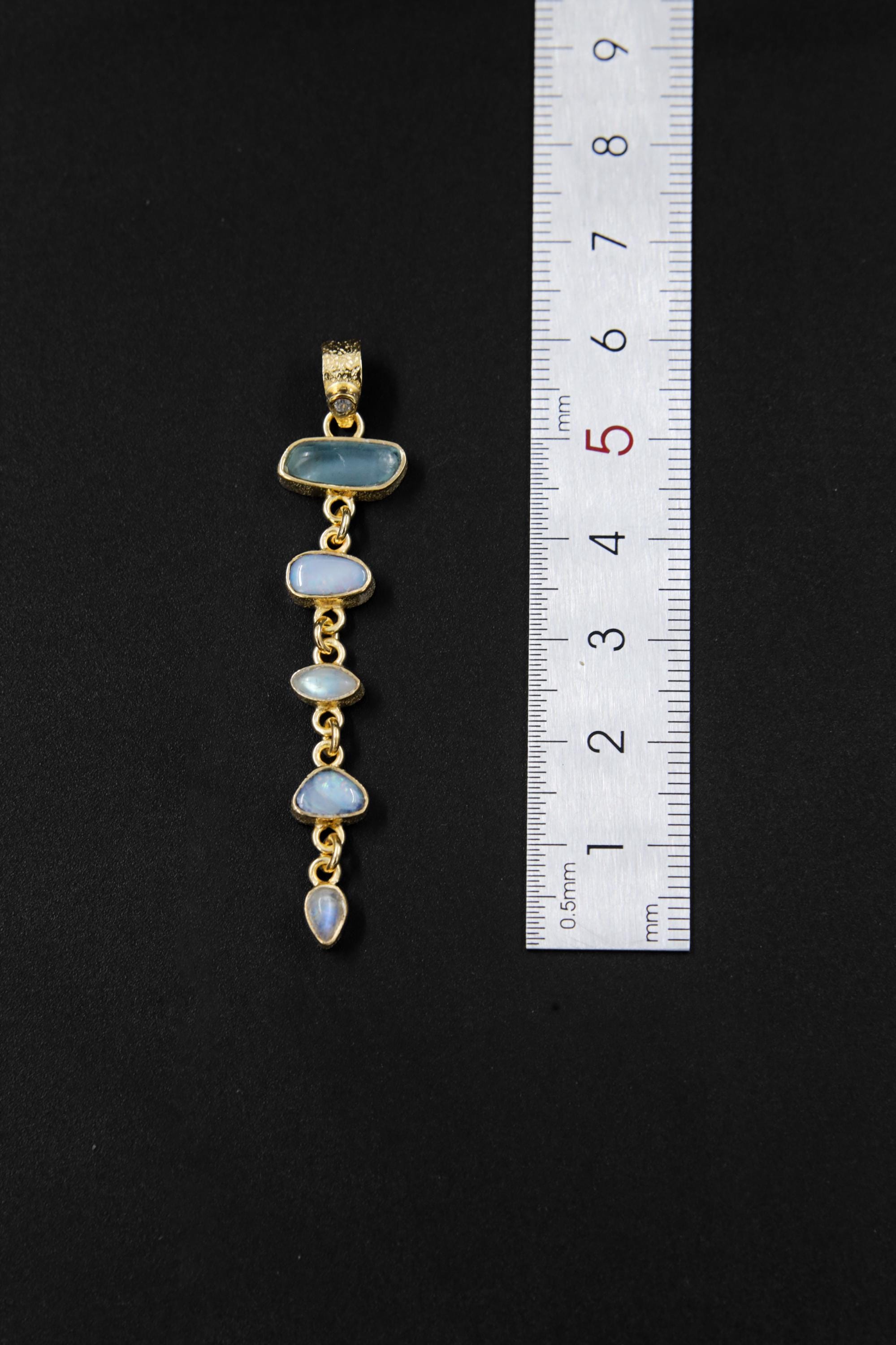 Round Faceted Zircon, Aquamarine, Australian Opal Droplets & Blue Moonstone Pendant 18k GoldPlated Organic Texture Spiritual Clarity Healing