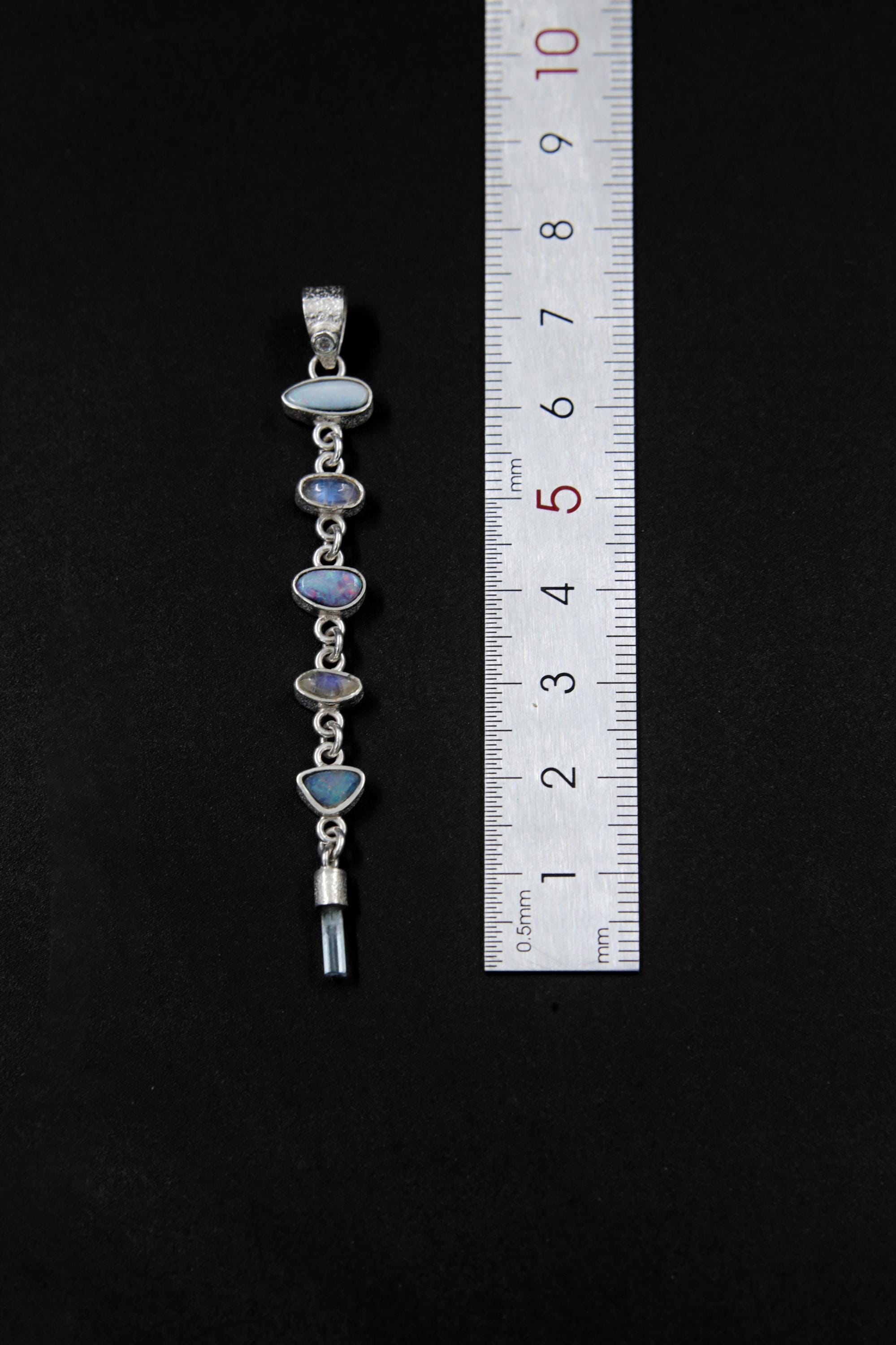 Faceted Zircon, Australian Opal Pendant, Blue Moonstone and Aquamarine, Sterling Silver, Crown & Throat Chakra, Libra Zodiac, Unique Gift
