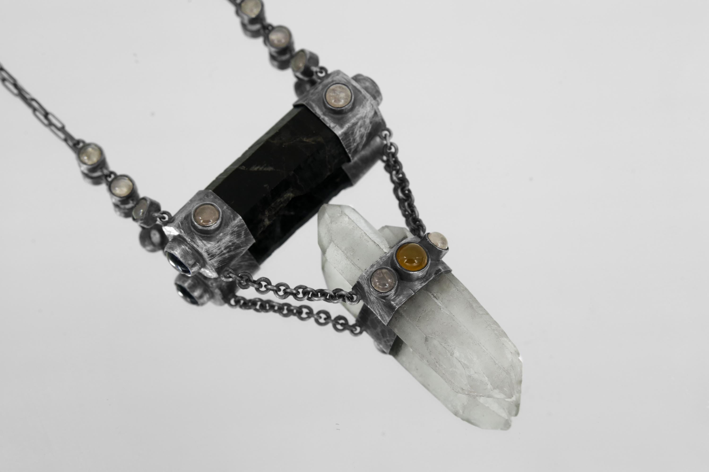 Round Rose Quartz, Black Tourmaline, Orange Chalcedony Agate, Amethyst & Twin-Terminated Quartz Pendant Oxidised Sterling Silver Unique Gift
