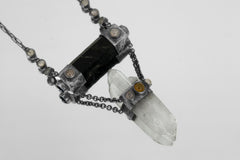 Round Rose Quartz, Black Tourmaline, Orange Chalcedony Agate, Amethyst & Twin-Terminated Quartz Pendant Oxidised Sterling Silver Unique Gift
