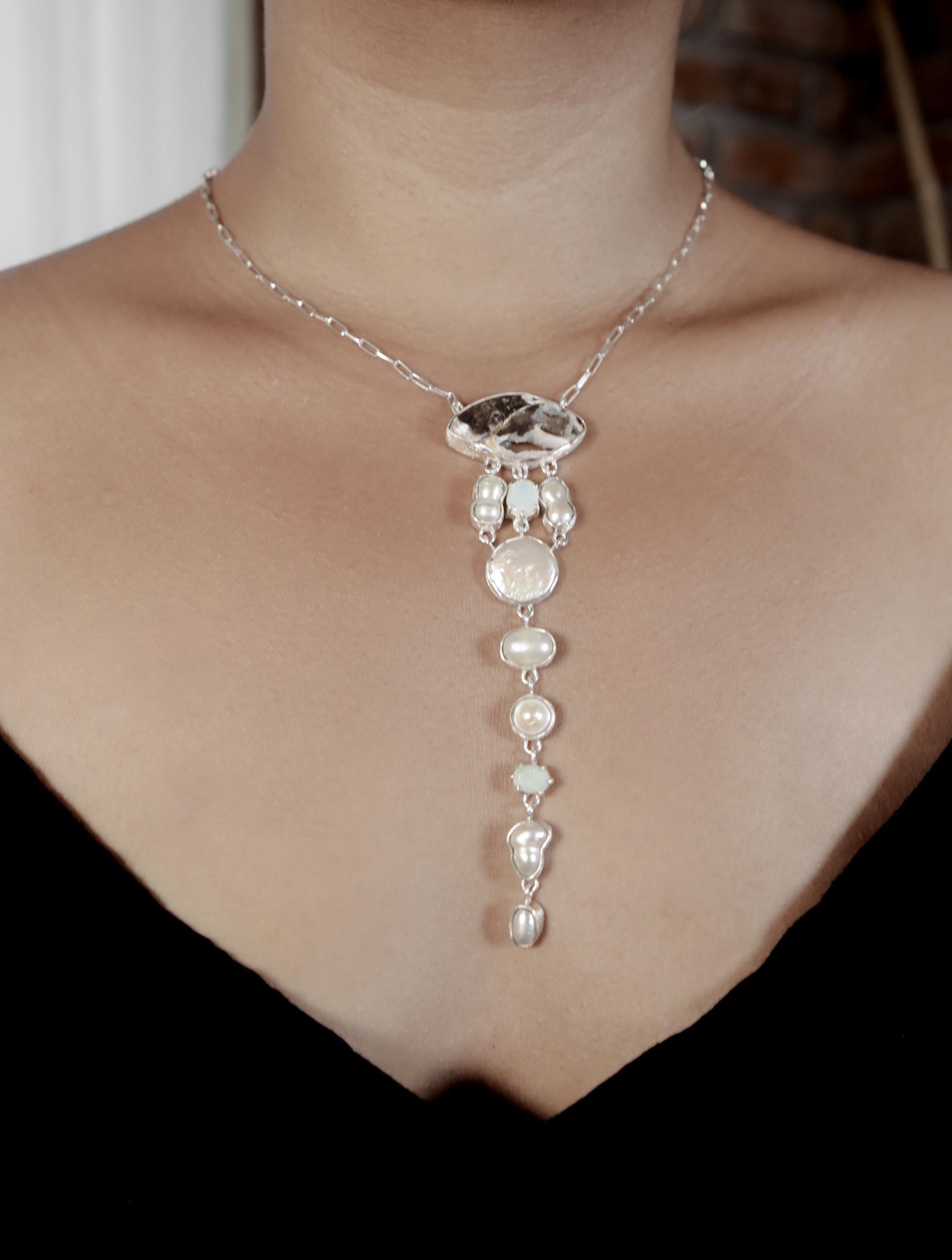 Opal Pearl Necklace 925 Sterling Silver Raw Australian Opal South Sea Pearl Faceted Opal Statement Gift