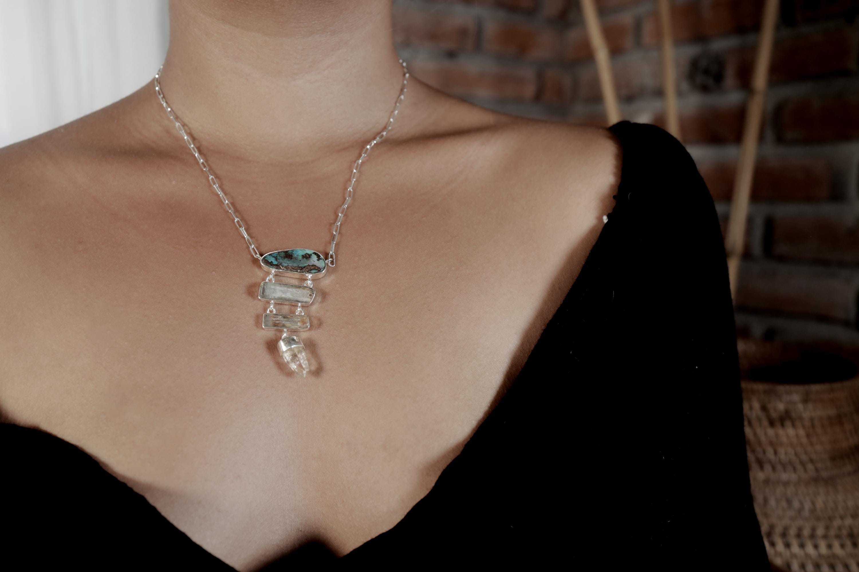 Australian Boulder Opal, Aquamarine & Lemurian Twin Quartz Pendant, Sterling Silver Spiritual Necklace, Chakra Healing, Gift for Adventurers