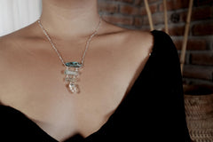 Australian Boulder Opal, Aquamarine & Lemurian Twin Quartz Pendant, Sterling Silver Spiritual Necklace, Chakra Healing, Gift for Adventurers